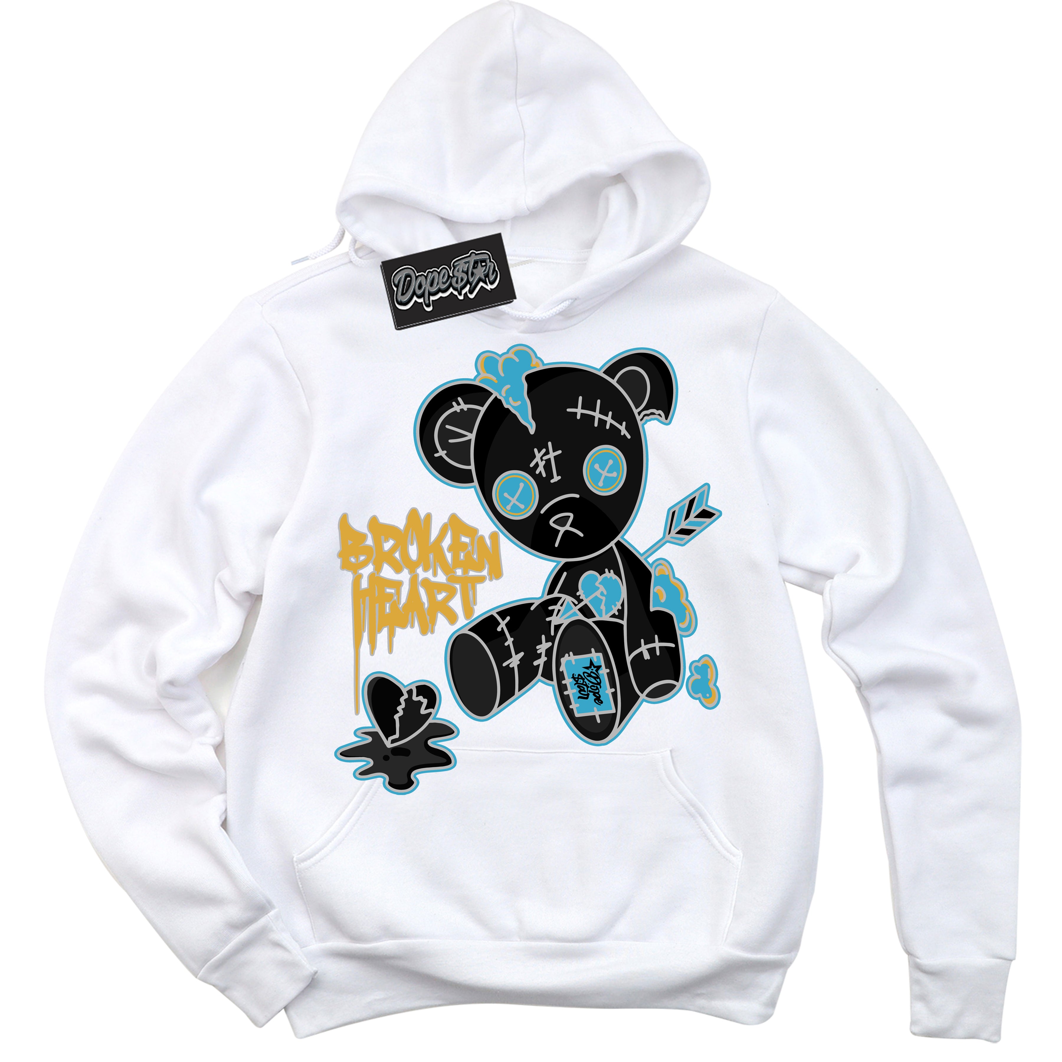 Cool White Hoodie with “ Broken Heart Bear ”  design that Perfectly Matches Aqua 5s Sneakers.