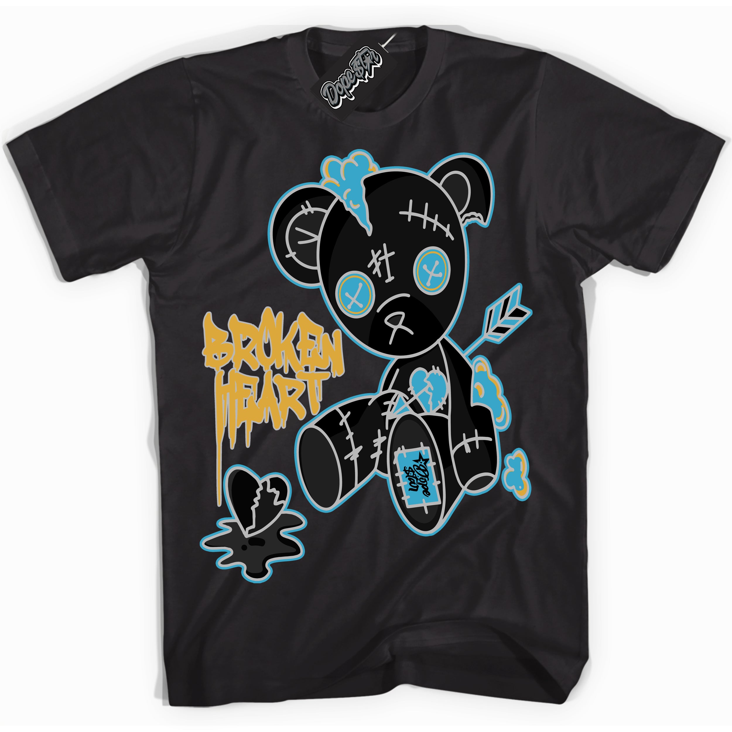 Cool Black Shirt with “ Broken Heart Bear” design that perfectly matches Aqua 5s Sneakers.