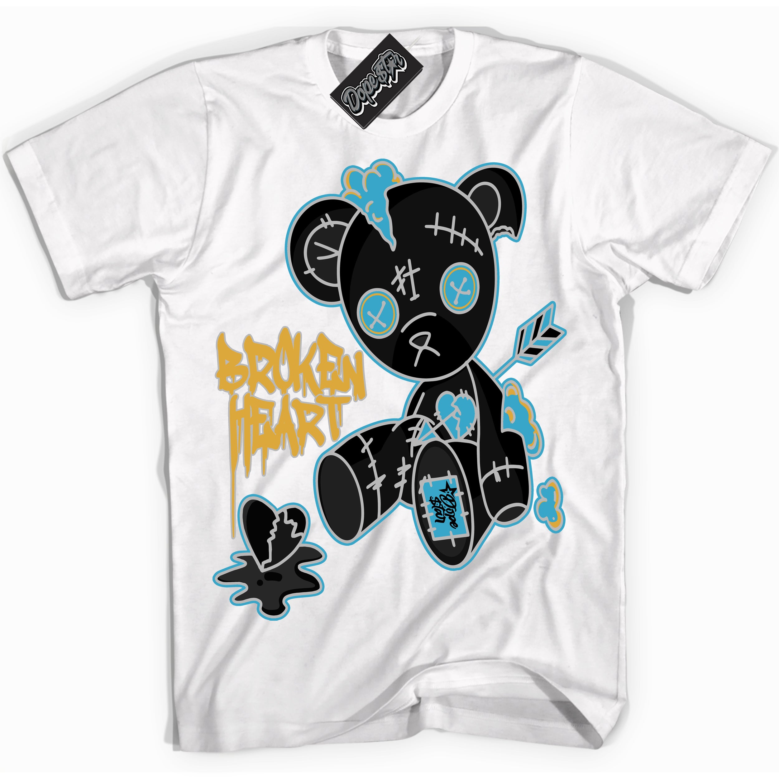 Cool White Shirt with “ Broken Heart Bear” design that perfectly matches Aqua 5s Sneakers.