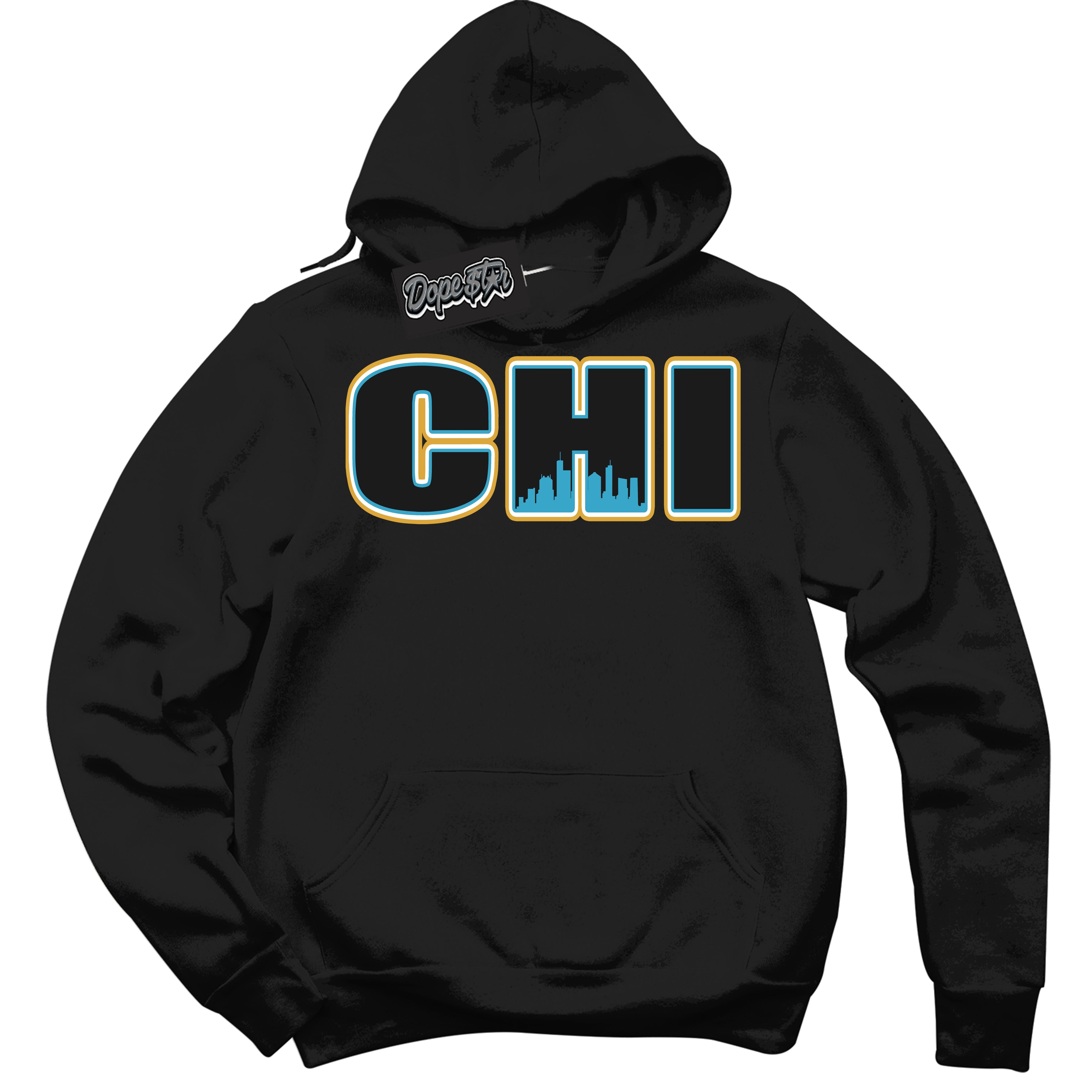 Cool Black Hoodie with “ Chicago ”  design that Perfectly Matches Aqua 5s Sneakers.