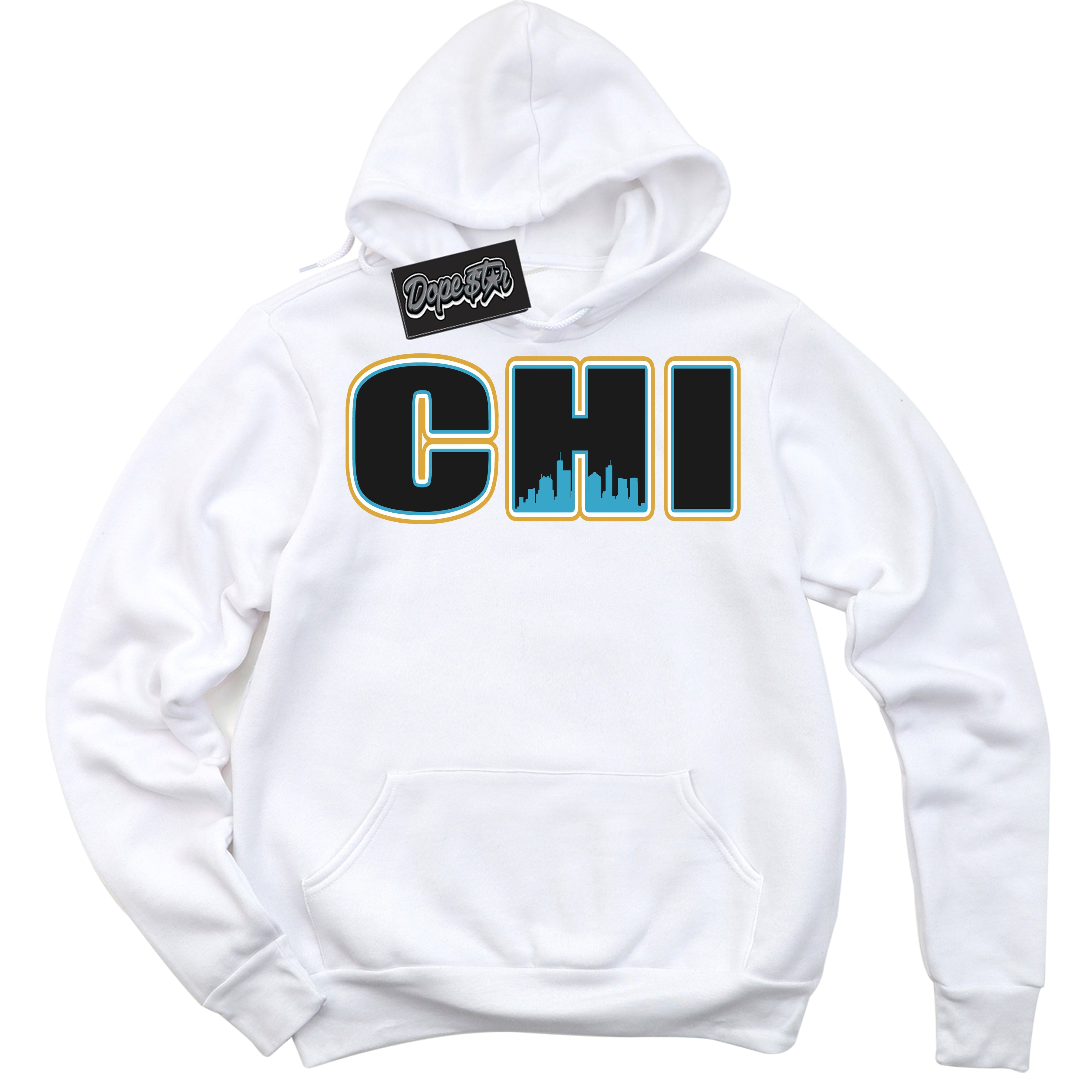 Cool White Hoodie with “ Chicago ”  design that Perfectly Matches Aqua 5s Sneakers.