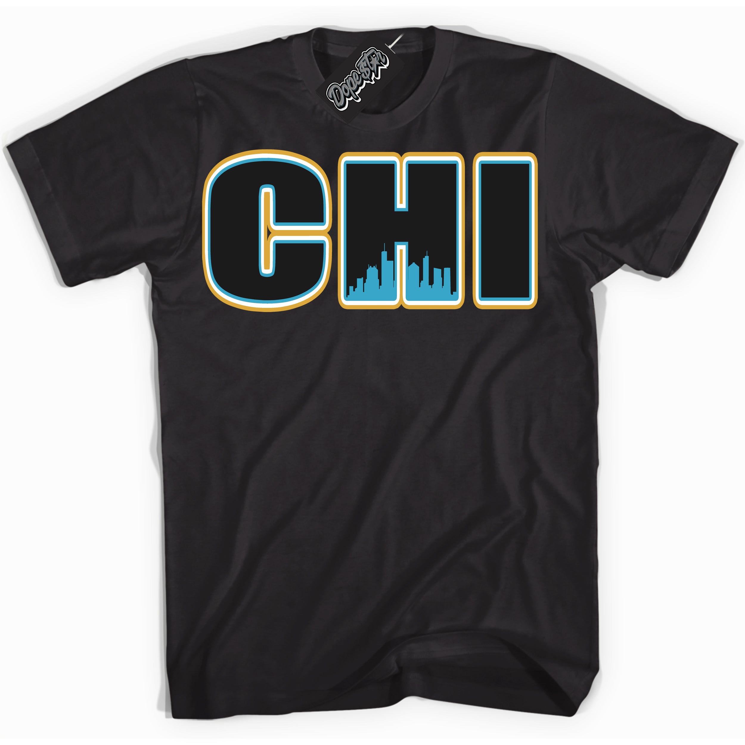 Cool Black Shirt with “ Chicago” design that perfectly matches Aqua 5s Sneakers.