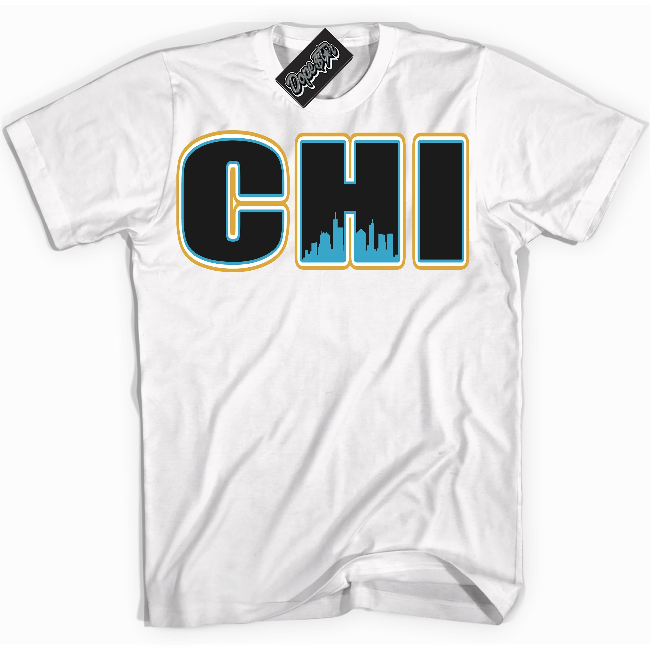 Cool White Shirt with “ Chicago” design that perfectly matches Aqua 5s Sneakers.