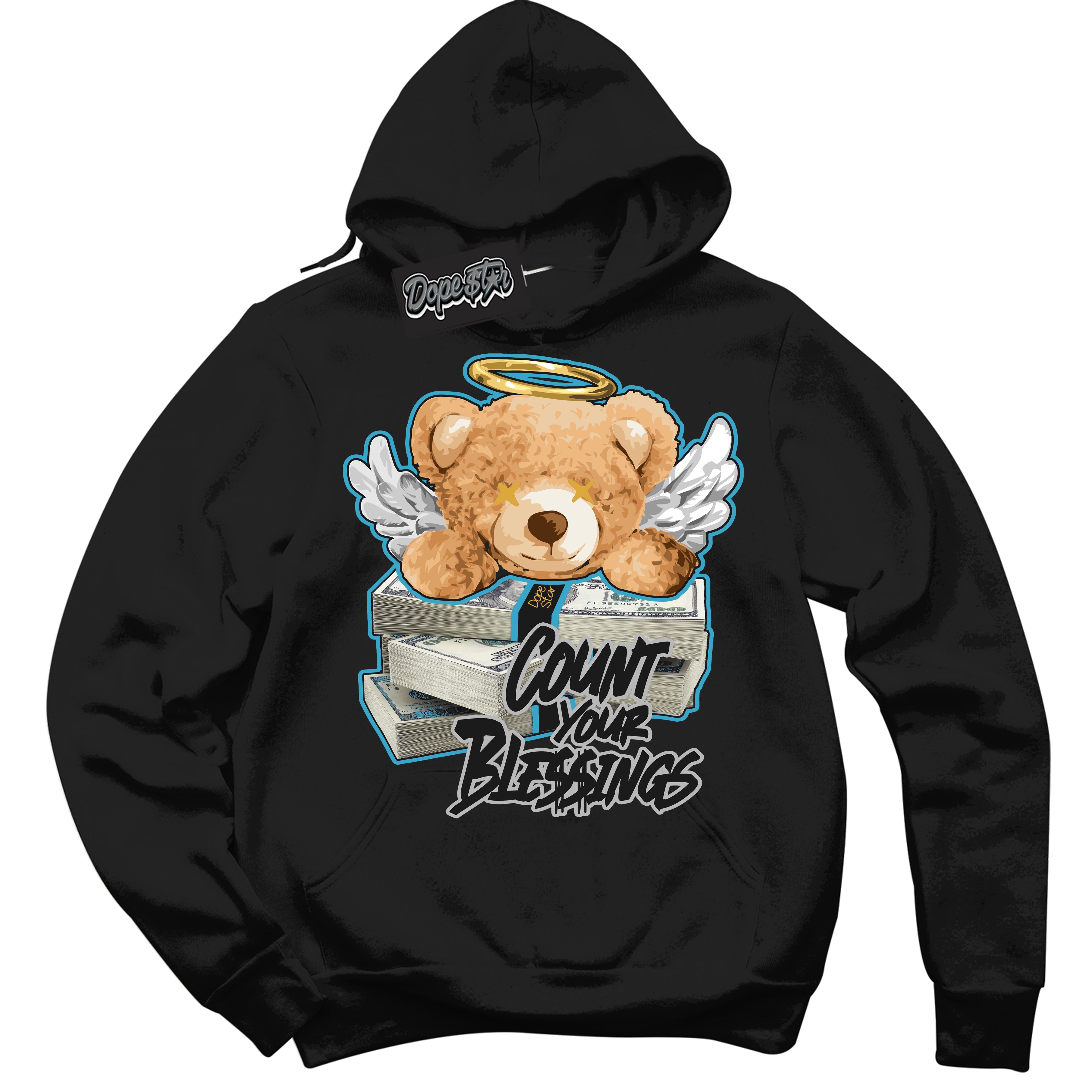 Cool Black Hoodie with “ Count Your Blessings ”  design that Perfectly Matches Aqua 5s Sneakers.