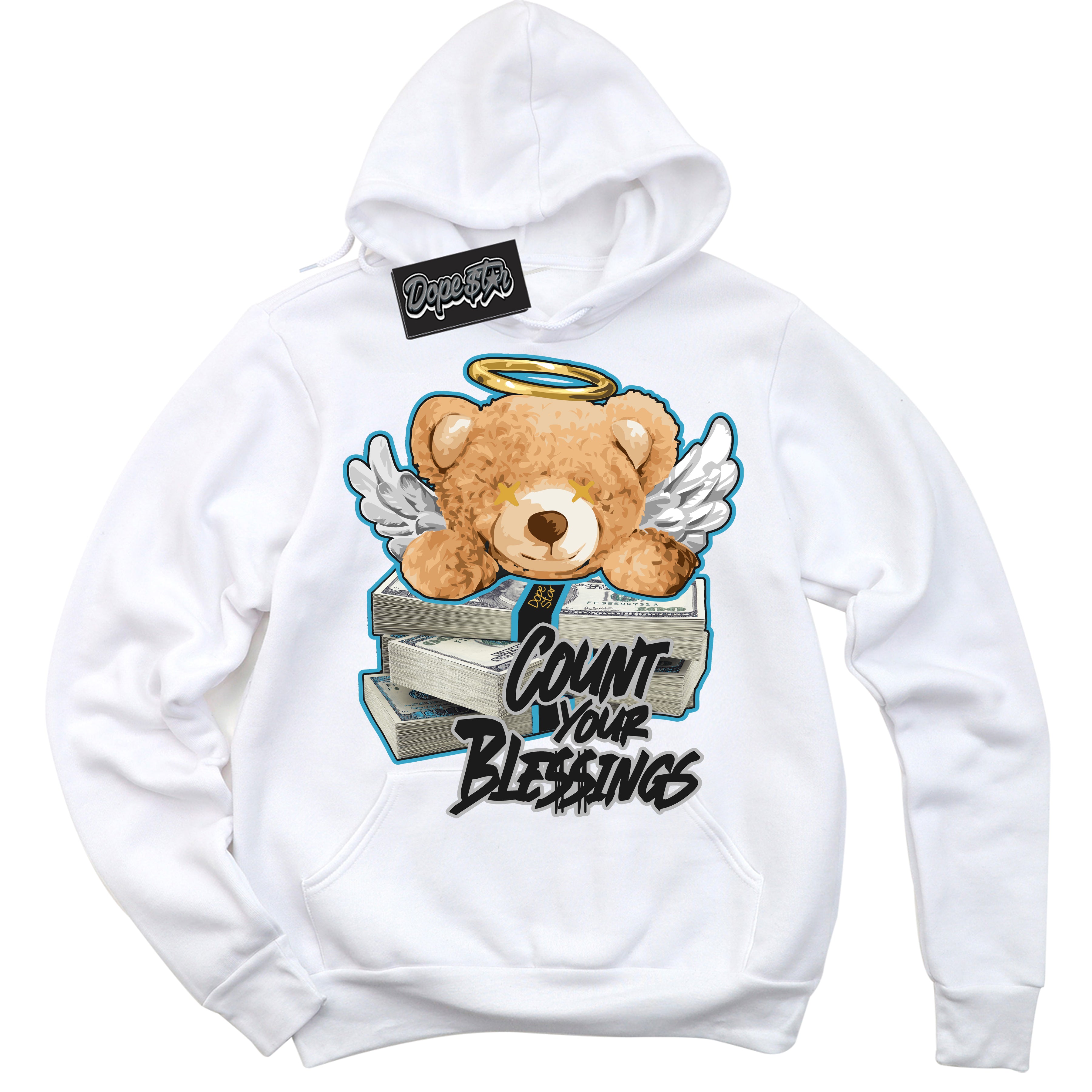 Cool White Hoodie with “ Count Your Blessings ”  design that Perfectly Matches Aqua 5s Sneakers.