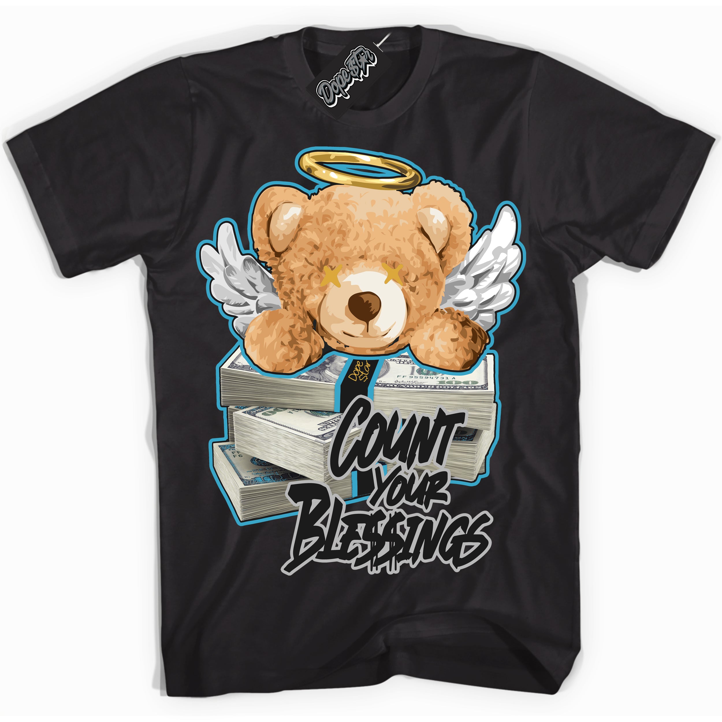 Cool Black Shirt with “ Count Your Blessings” design that perfectly matches Aqua 5s Sneakers.