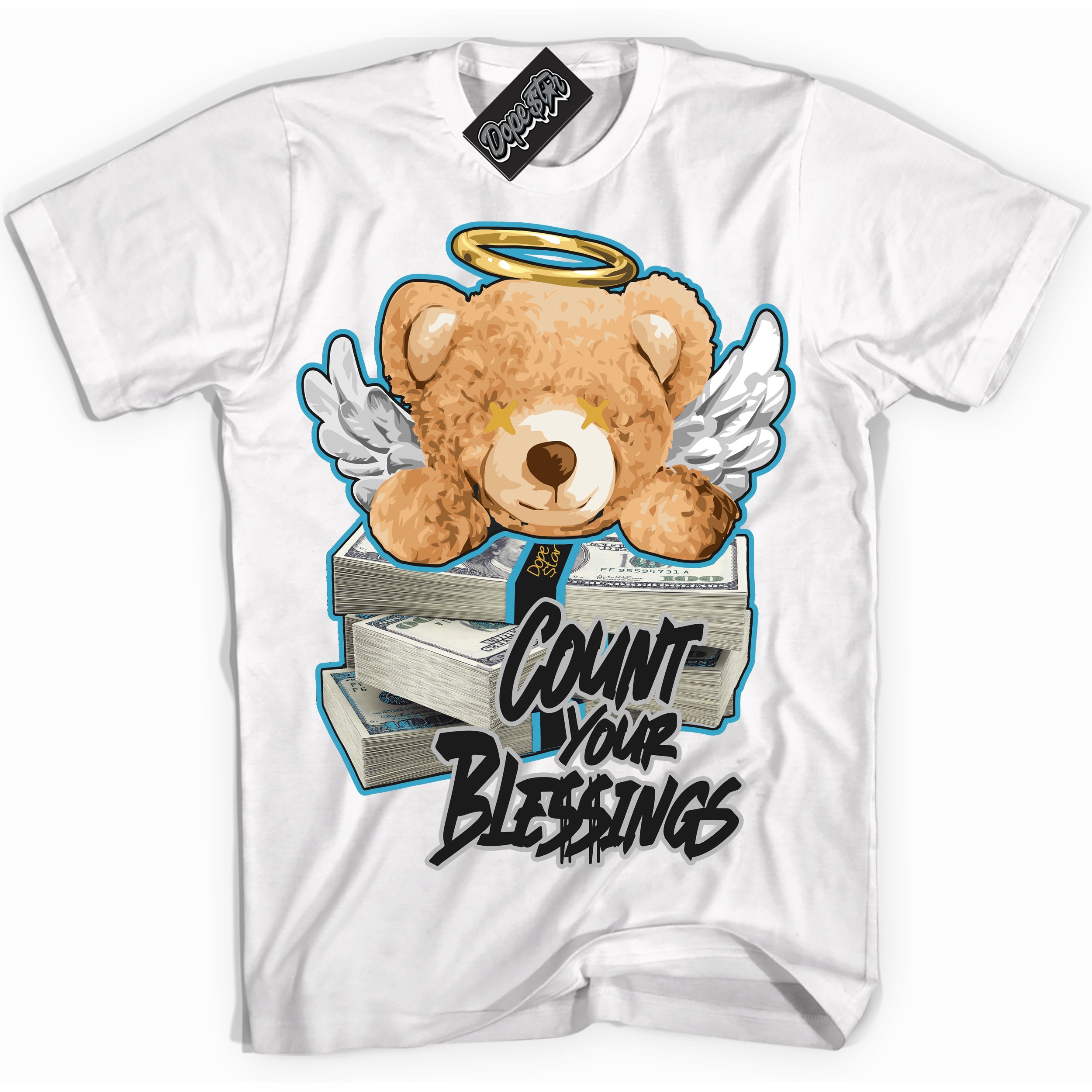 Cool White Shirt with “ Count Your Blessings” design that perfectly matches Aqua 5s Sneakers.