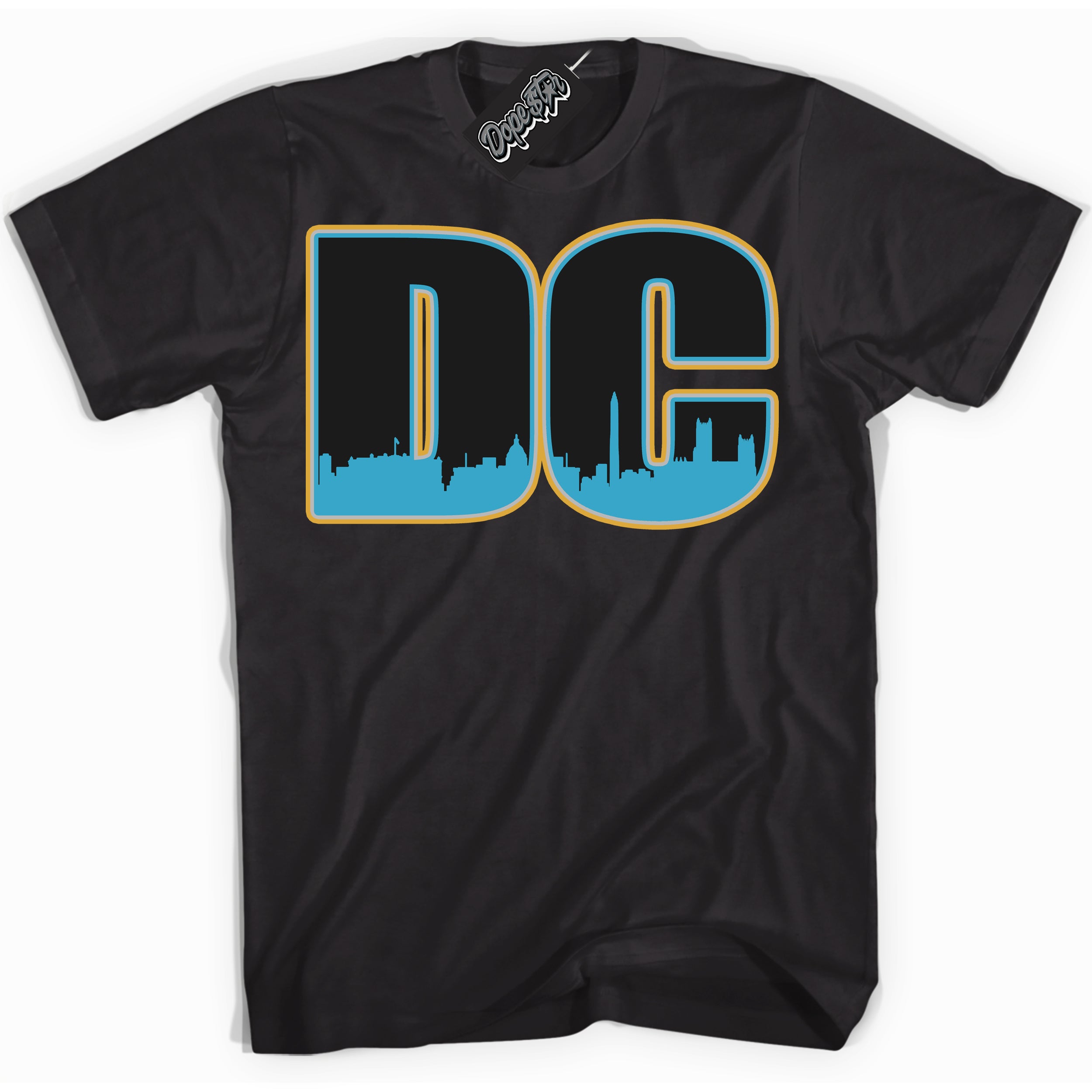Cool Black Shirt with “ DC” design that perfectly matches Aqua 5s Sneakers.