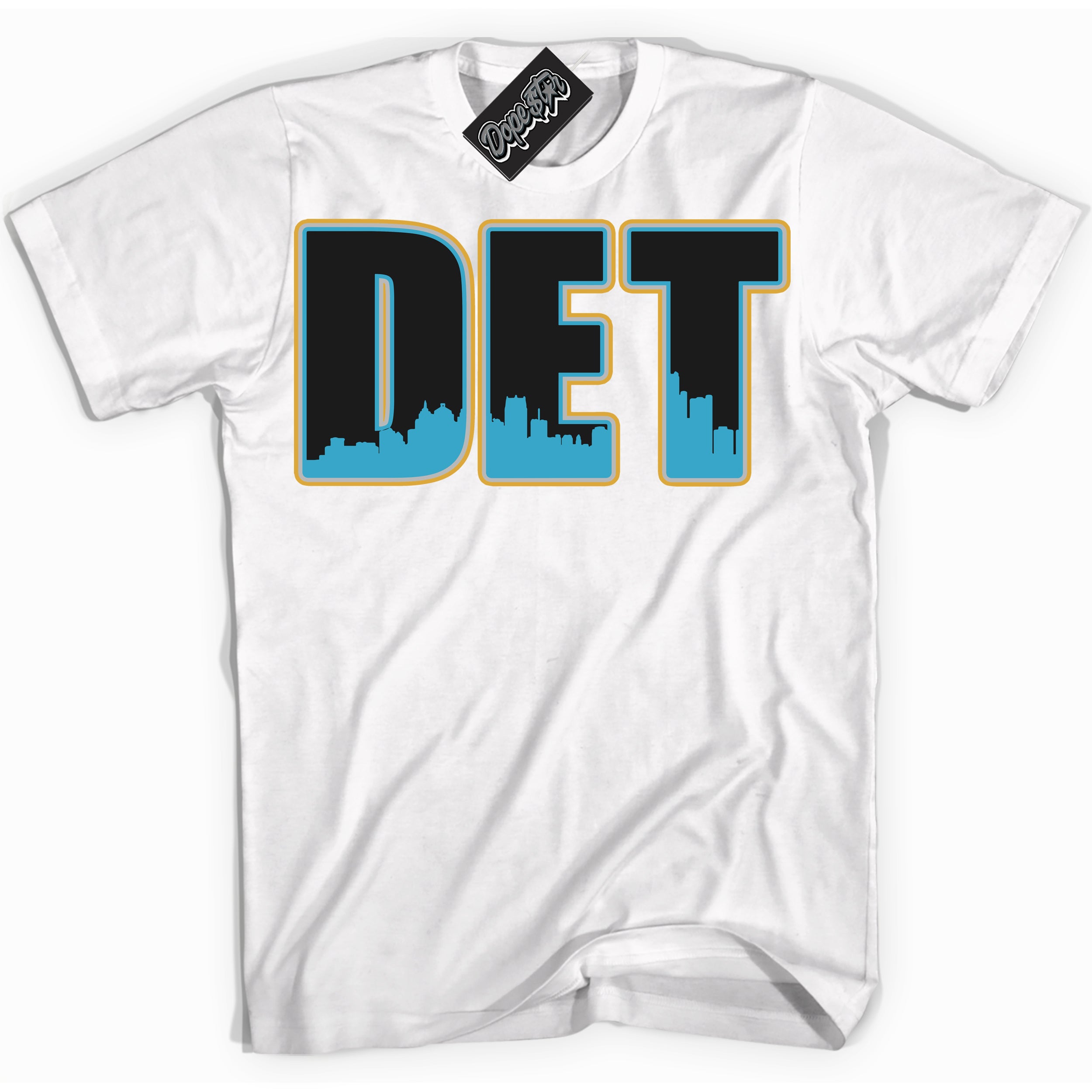 Cool White Shirt with “ Detroit” design that perfectly matches Aqua 5s Sneakers.