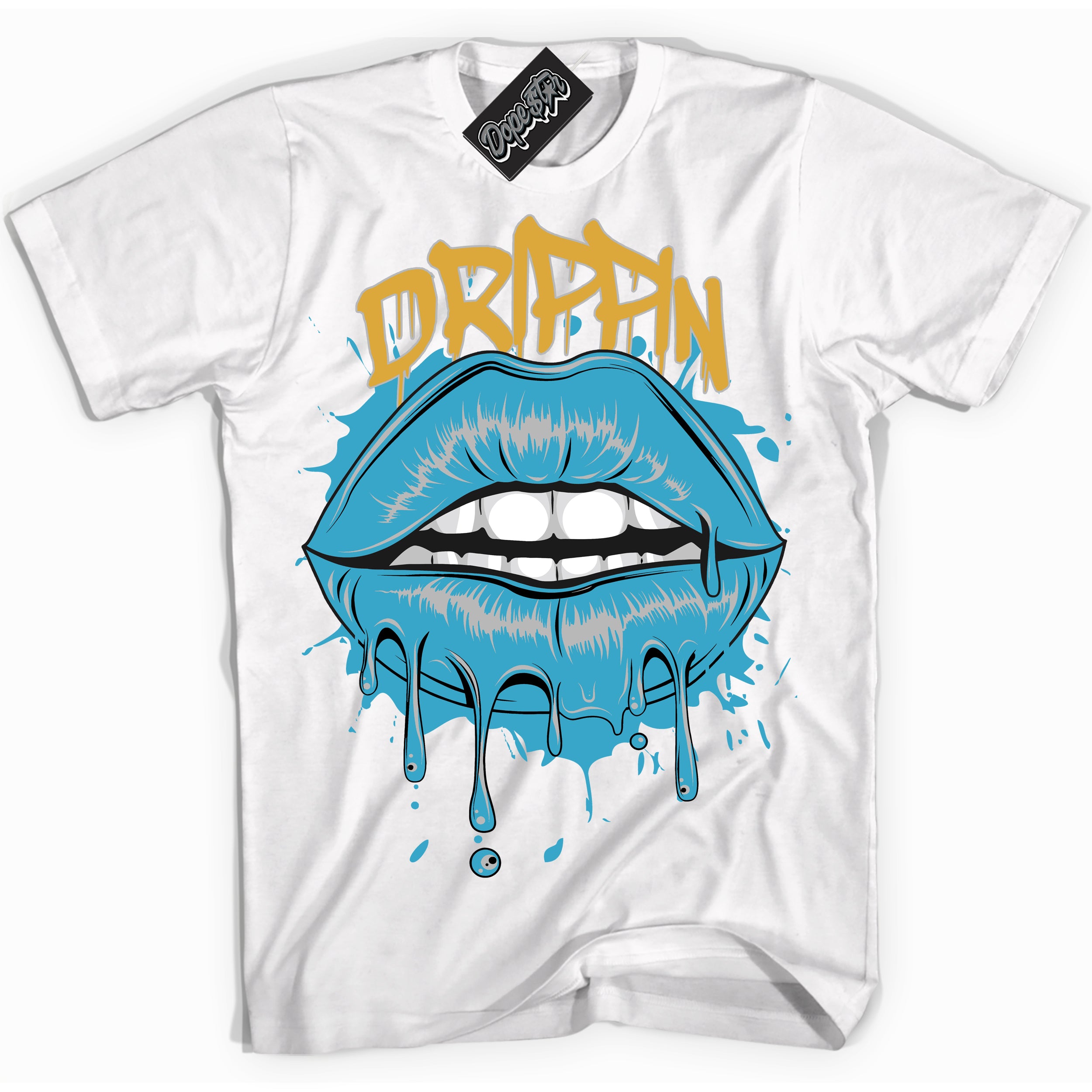 Cool White Shirt with “ Drippin” design that perfectly matches Aqua 5s Sneakers.