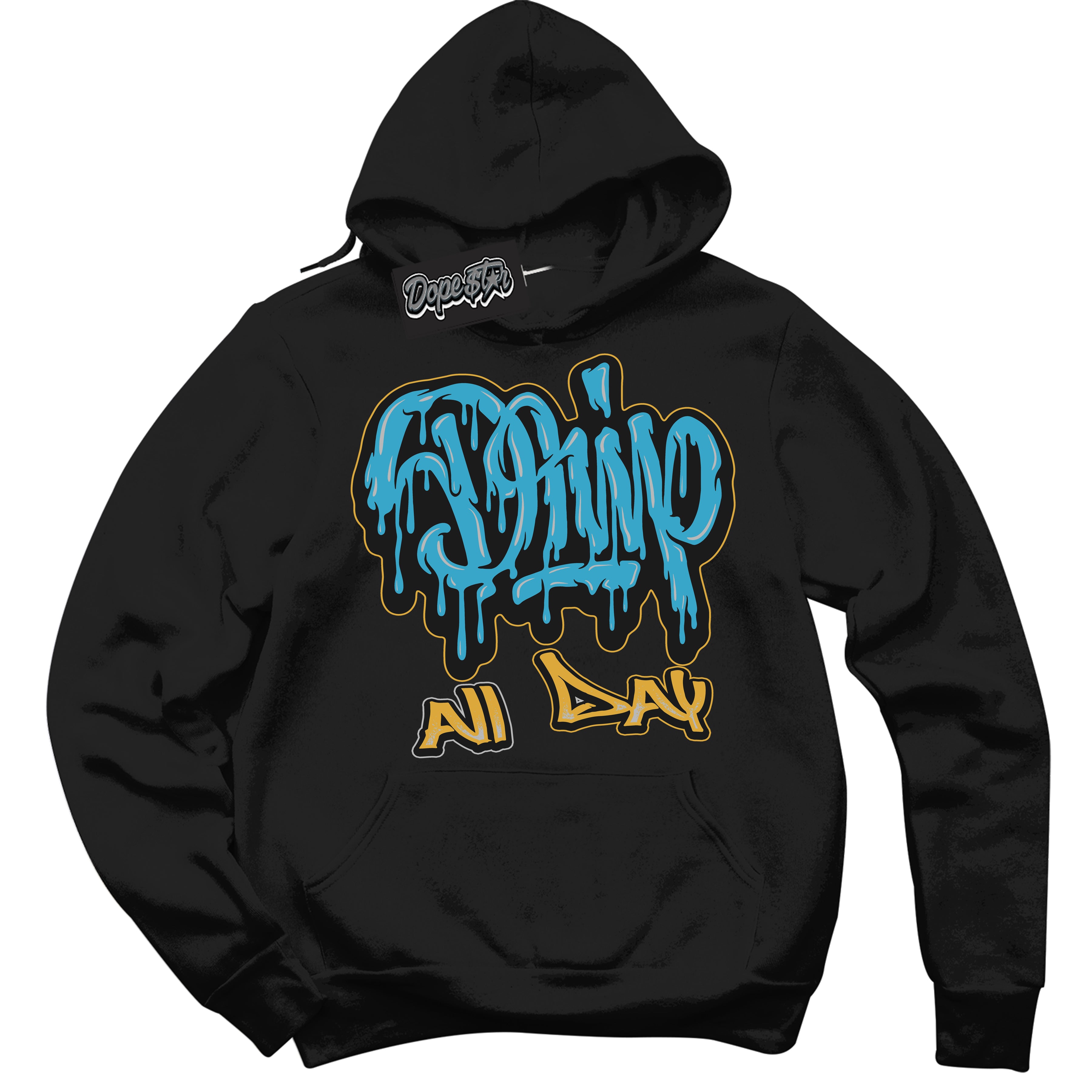 Cool Black Hoodie with “ Drip All Day ”  design that Perfectly Matches Aqua 5s Sneakers.