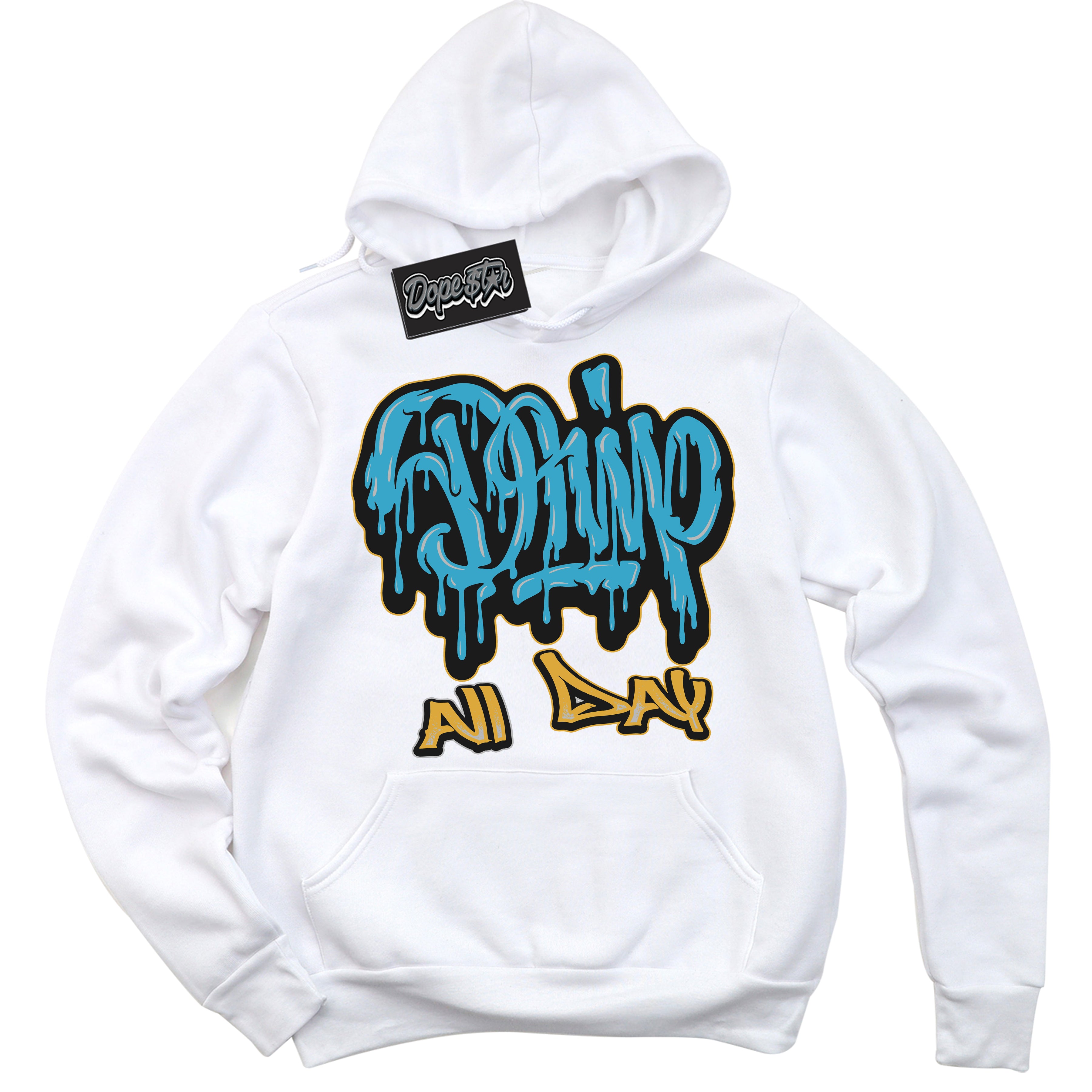 Cool White Hoodie with “ Drip All Day ”  design that Perfectly Matches Aqua 5s Sneakers.