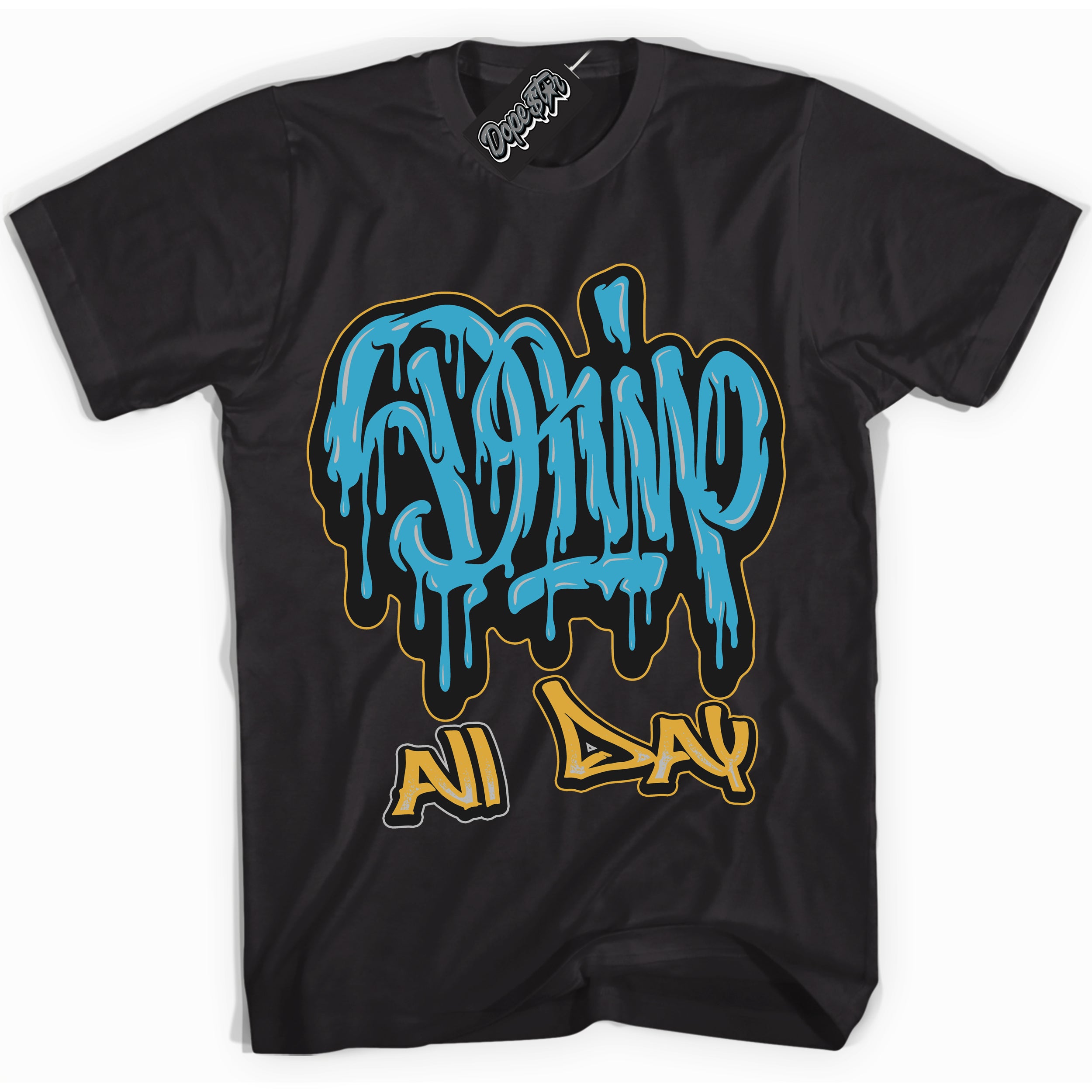 Cool Black Shirt with “ Drip All Day” design that perfectly matches Aqua 5s Sneakers.