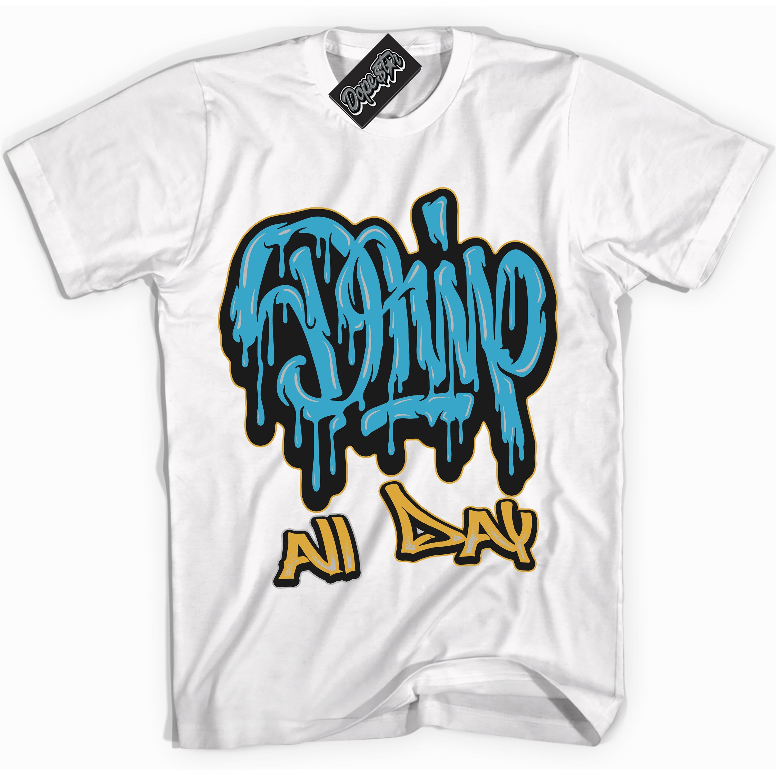 Cool White Shirt with “ Drip All Day” design that perfectly matches Aqua 5s Sneakers.