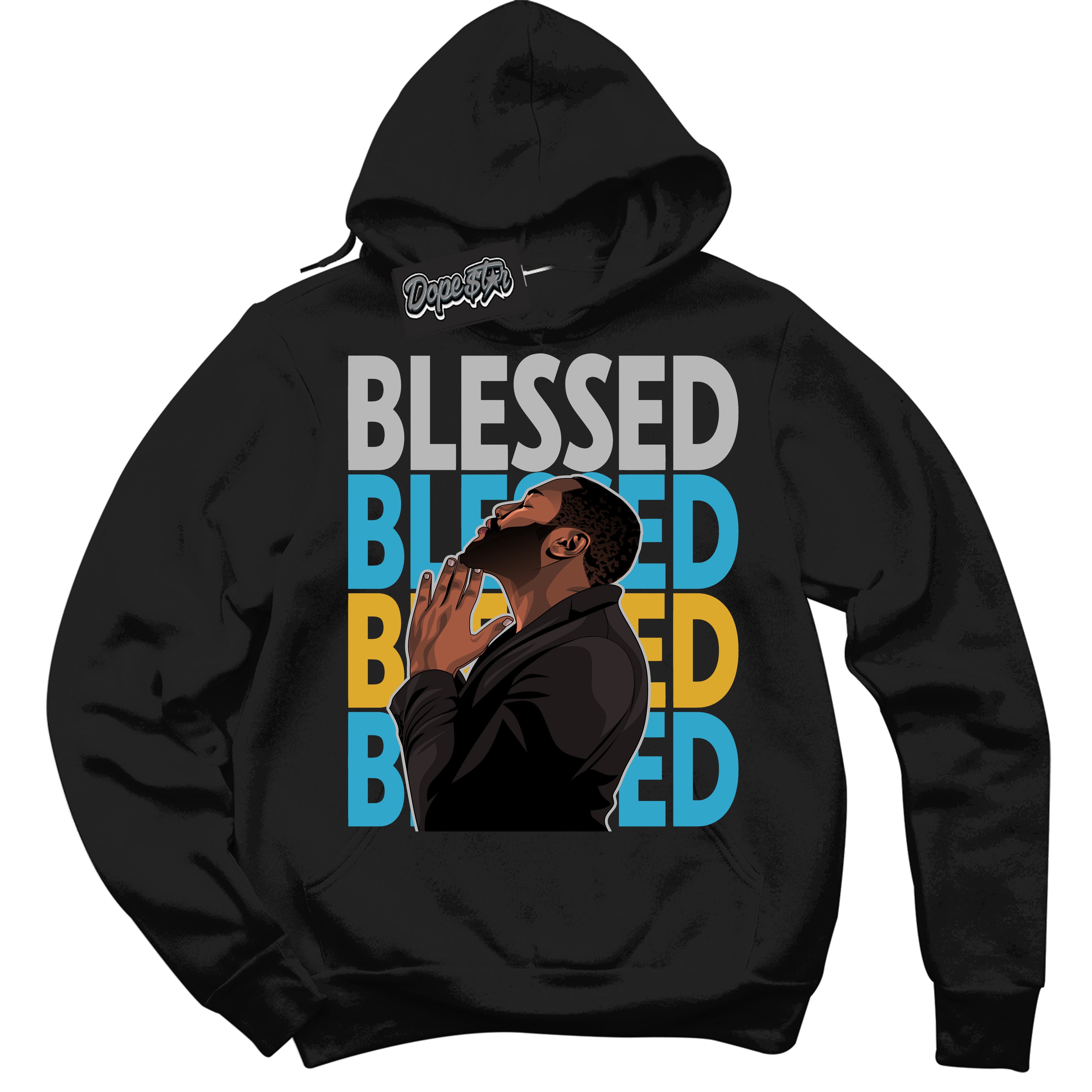 Cool Black Graphic Hoodie with “ God Blessed “ print, that perfectly matches Air Jordan 5 AQUA  sneakers