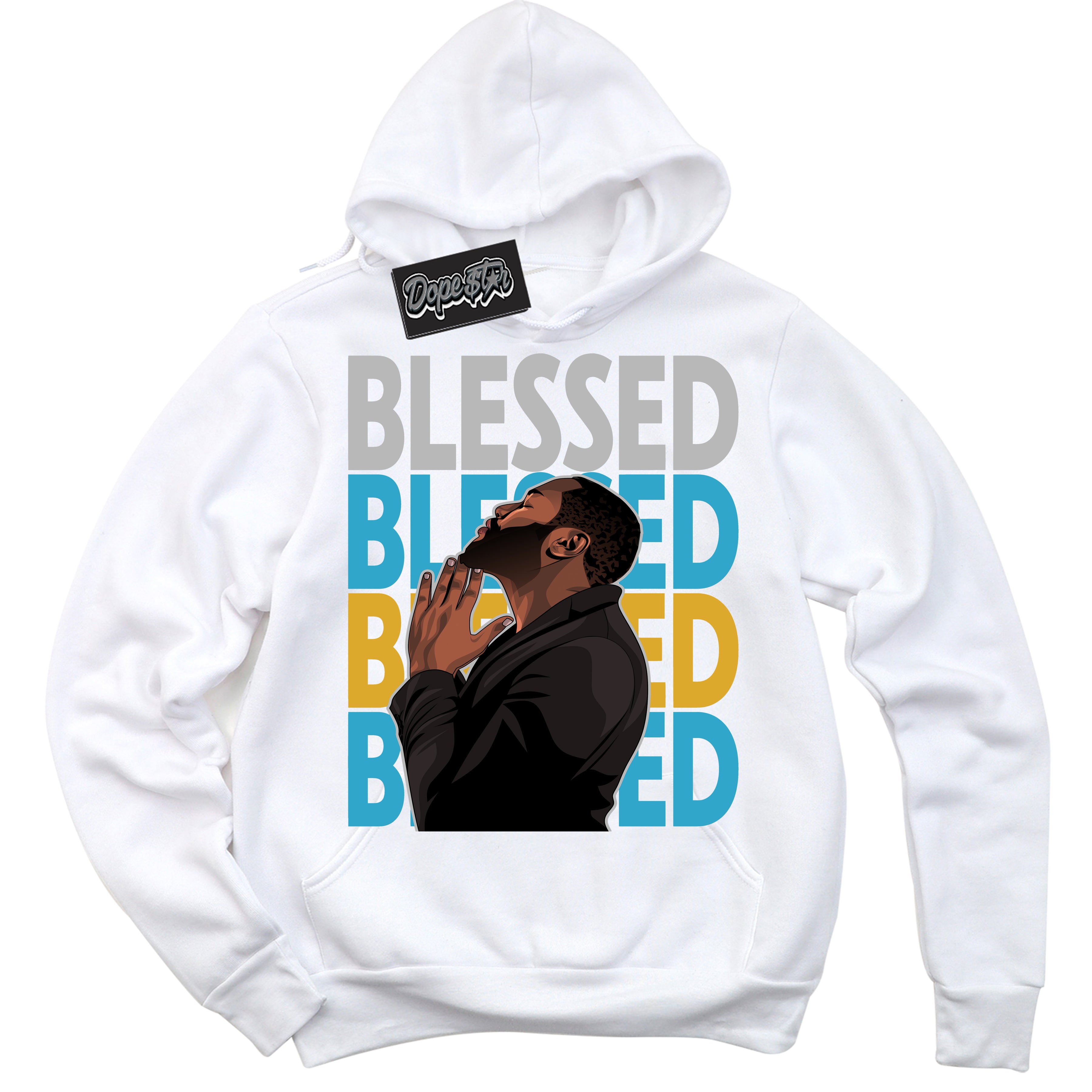 Cool White Graphic Hoodie with “ God Blessed“ print, that perfectly matches Air Jordan 5 AQUA  sneakers