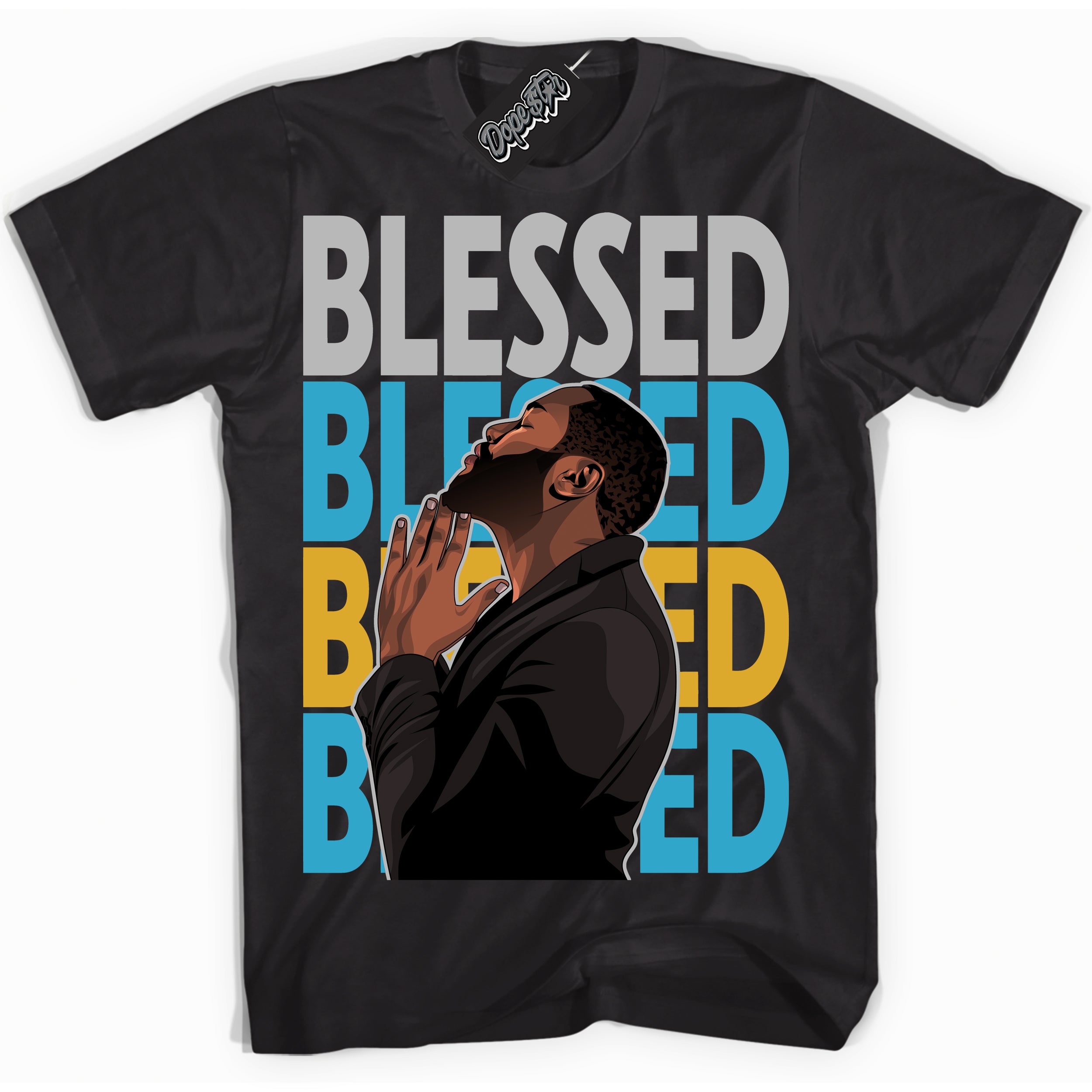 Cool Black graphic tee with “ God Blessed ” print, that perfectly matches Air Jordan 5 Aqua sneakers