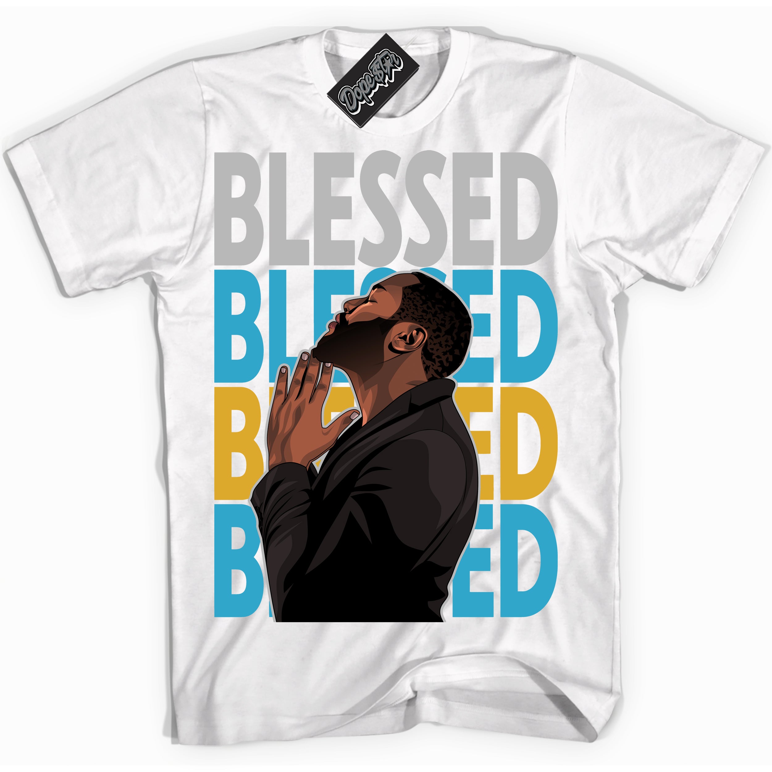Cool White graphic tee with “ God Blessed ” print, that perfectly matches Air Jordan 5 Aqua sneakers