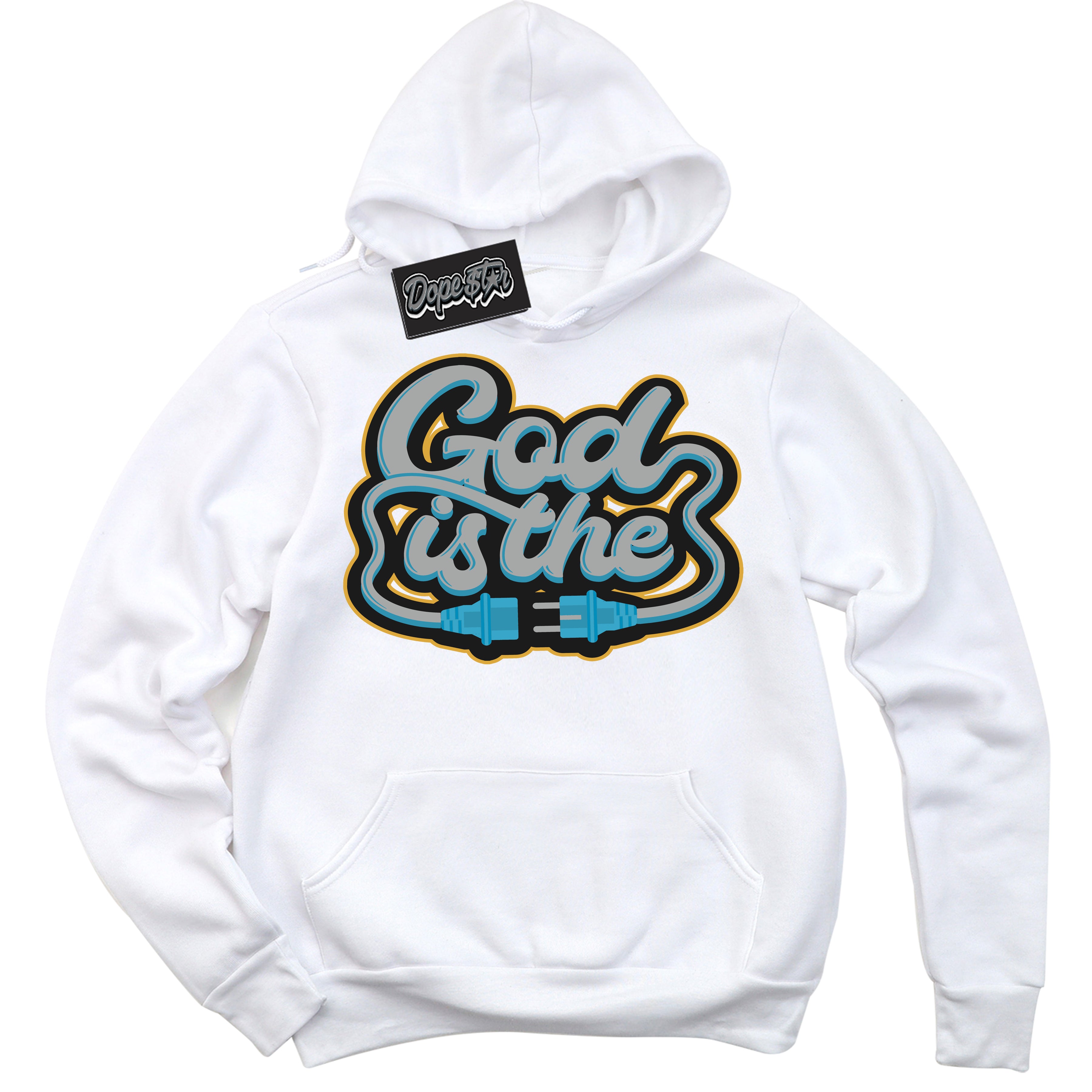 Cool White Hoodie with “ God Is The ”  design that Perfectly Matches Aqua 5s Sneakers.