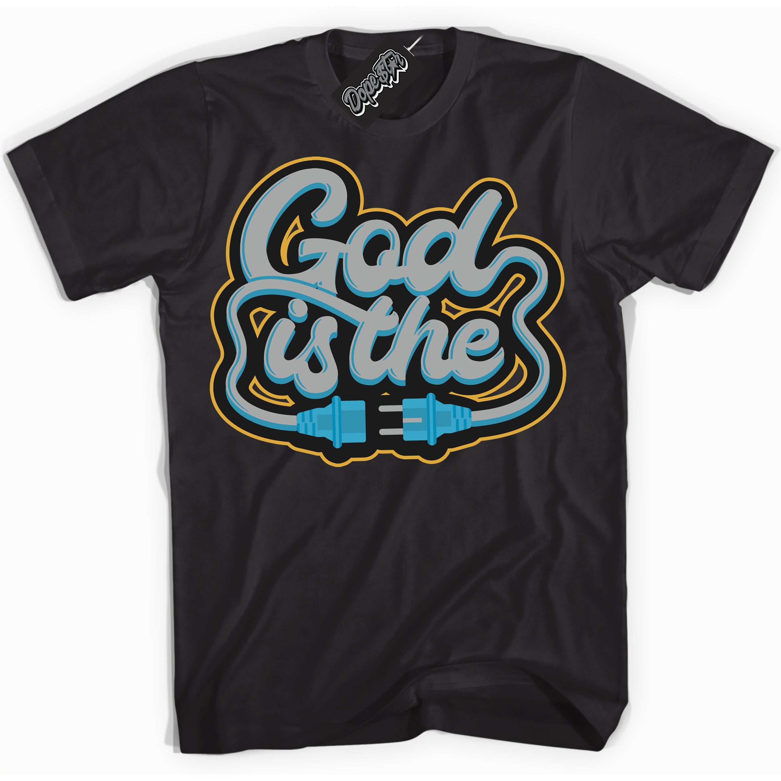 Cool Black Shirt with “ God Is The” design that perfectly matches Aqua 5s Sneakers.