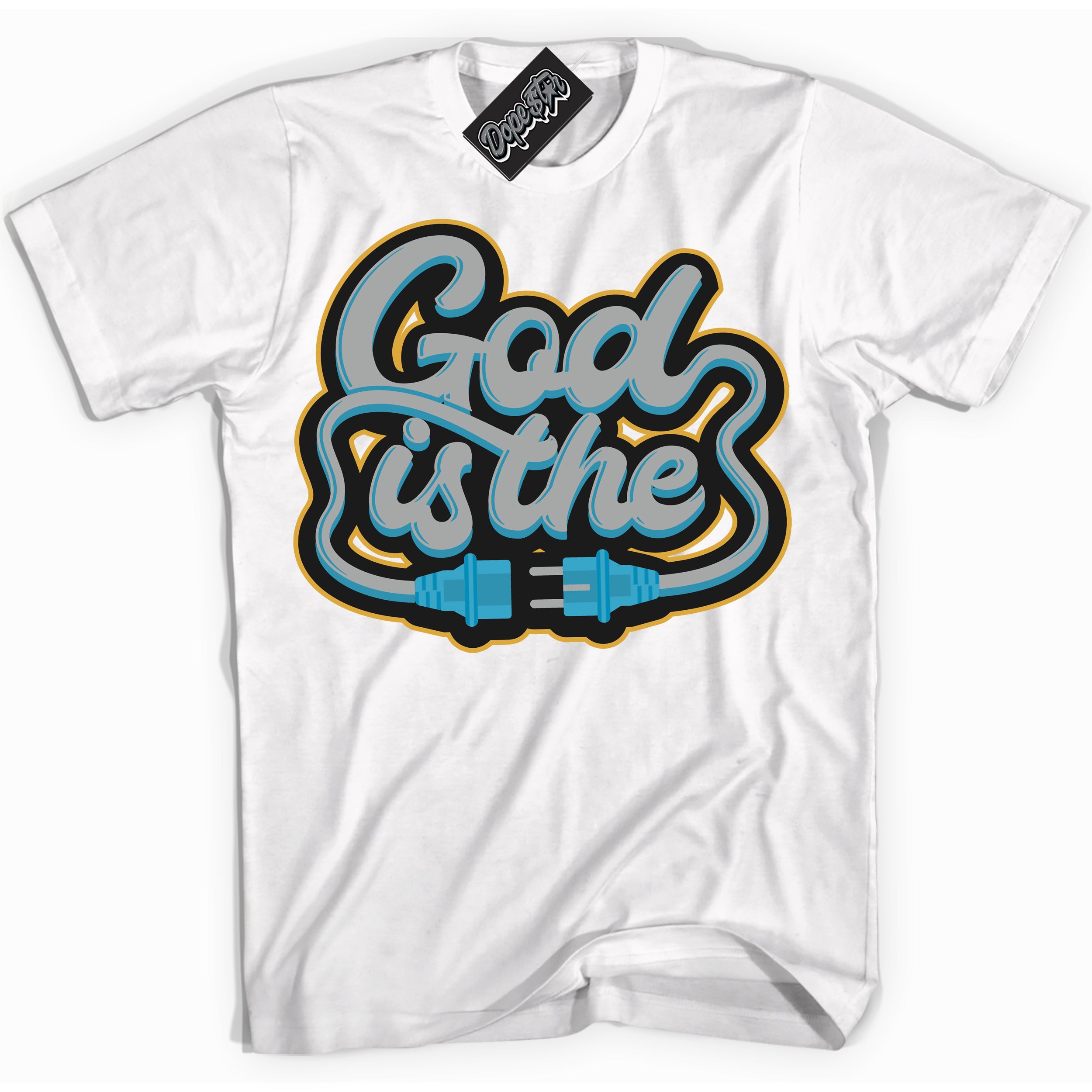 Cool White Shirt with “ God Is The” design that perfectly matches Aqua 5s Sneakers.