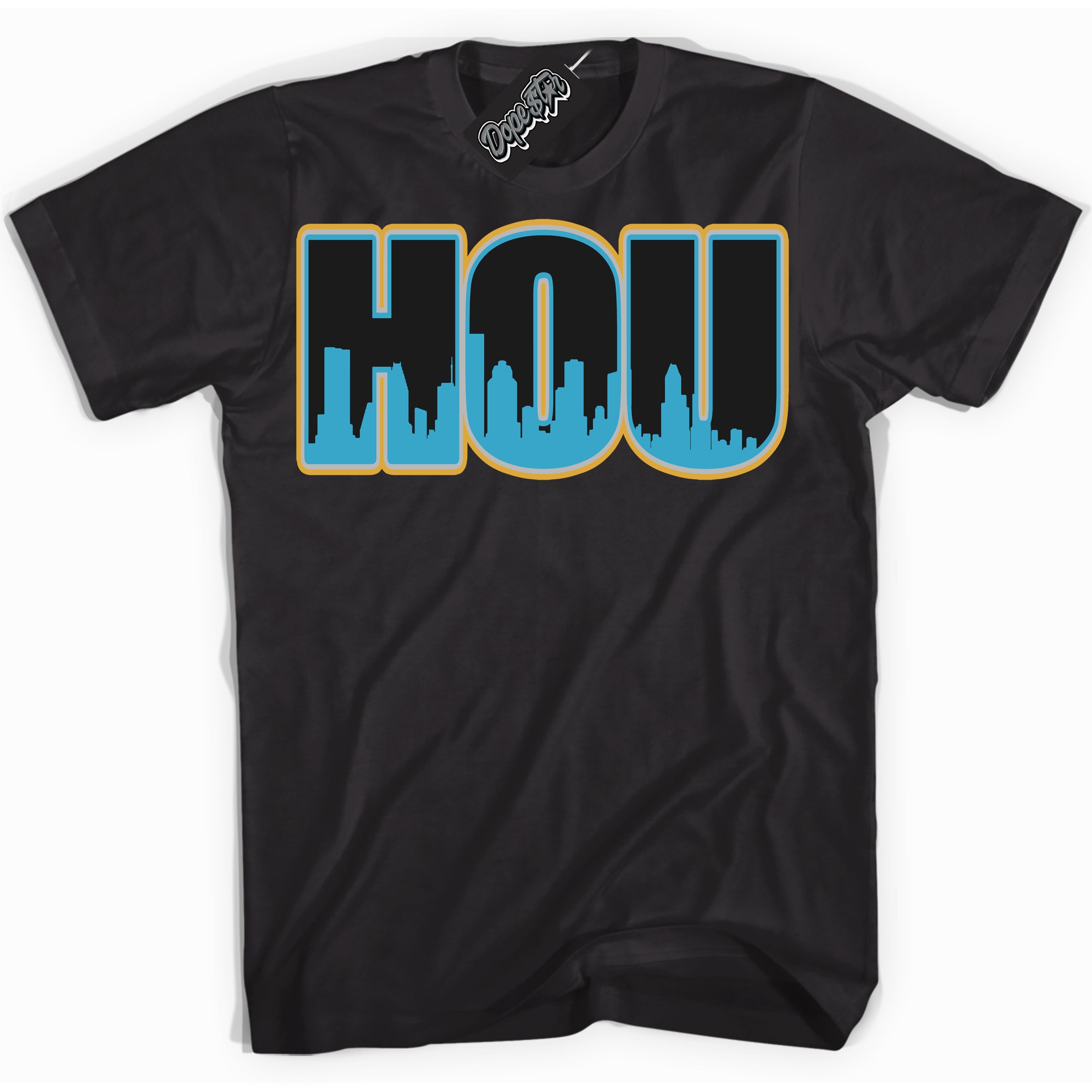 Cool Black Shirt with “ Houston” design that perfectly matches Aqua 5s Sneakers.