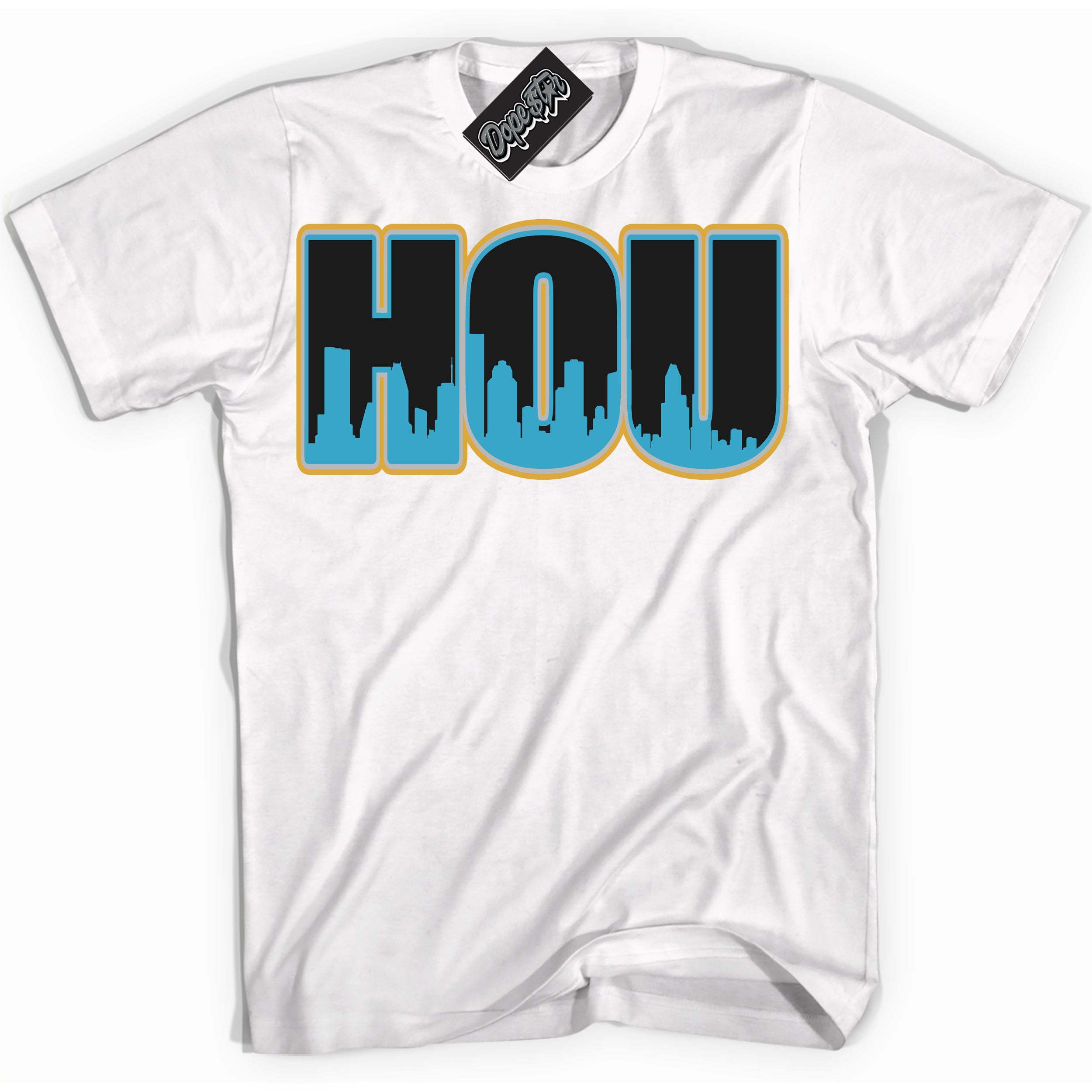 Cool White Shirt with “ Houston” design that perfectly matches Aqua 5s Sneakers.