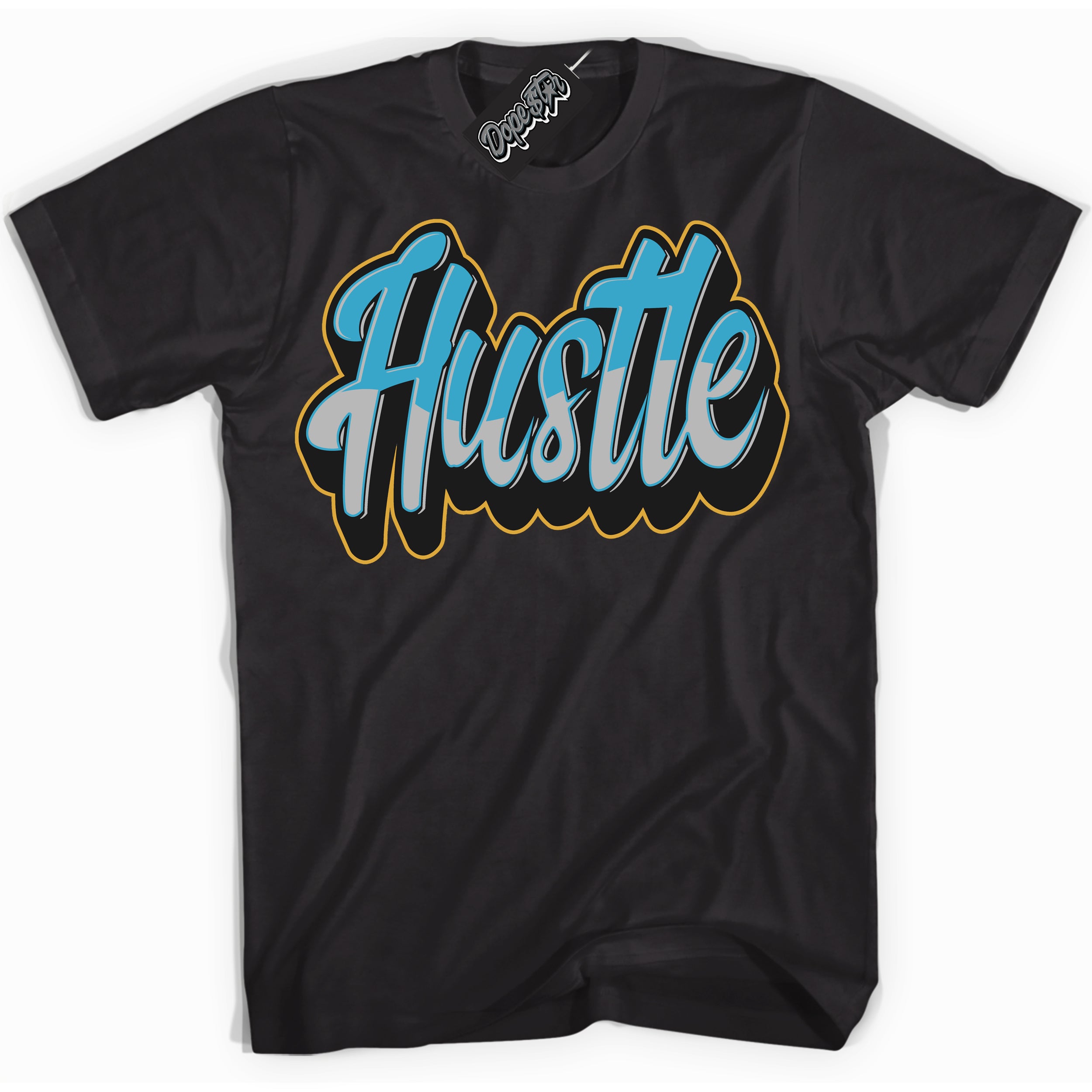 Cool Black Shirt with “ Hustle” design that perfectly matches Aqua 5s Sneakers.