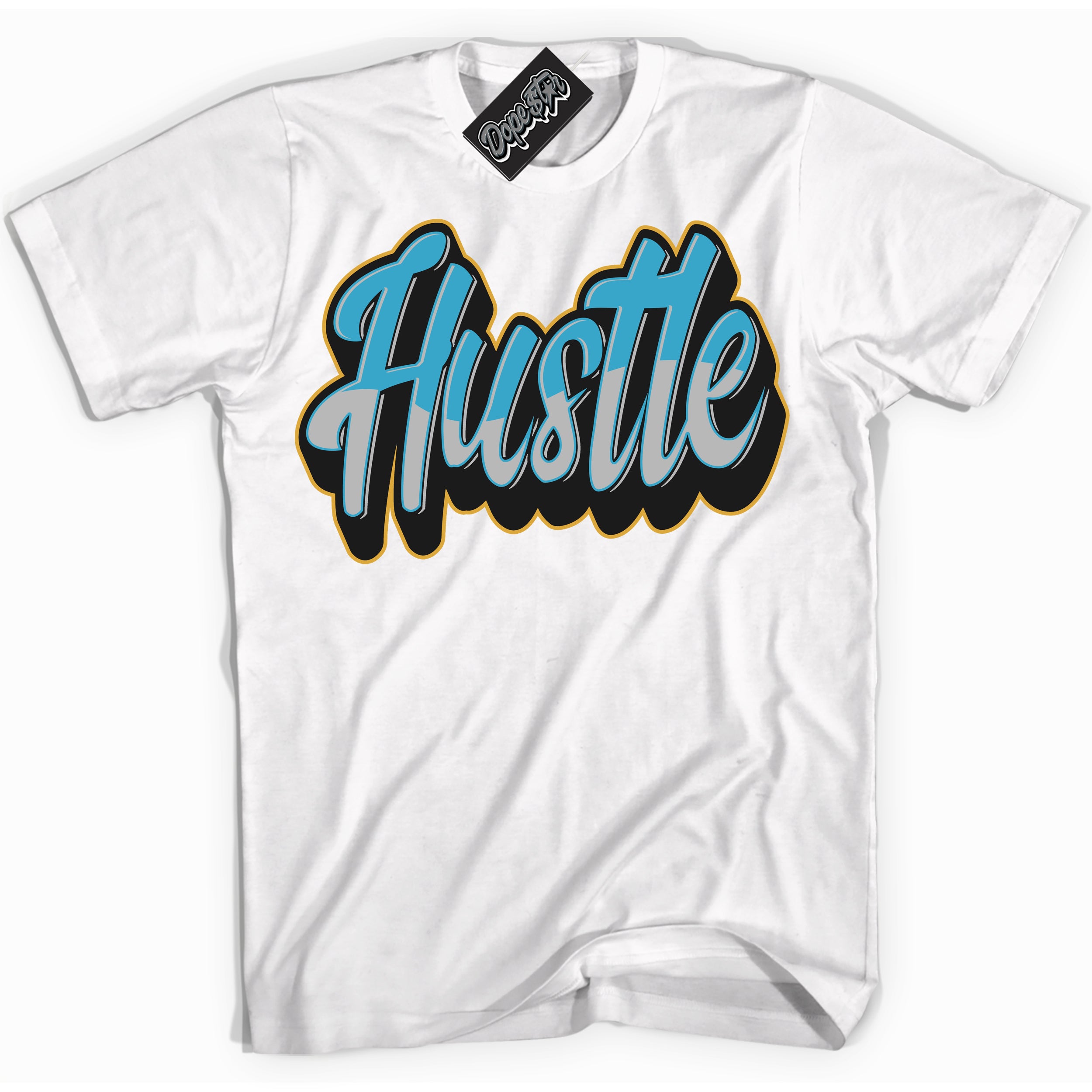 Cool White Shirt with “ Hustle” design that perfectly matches Aqua 5s Sneakers.
