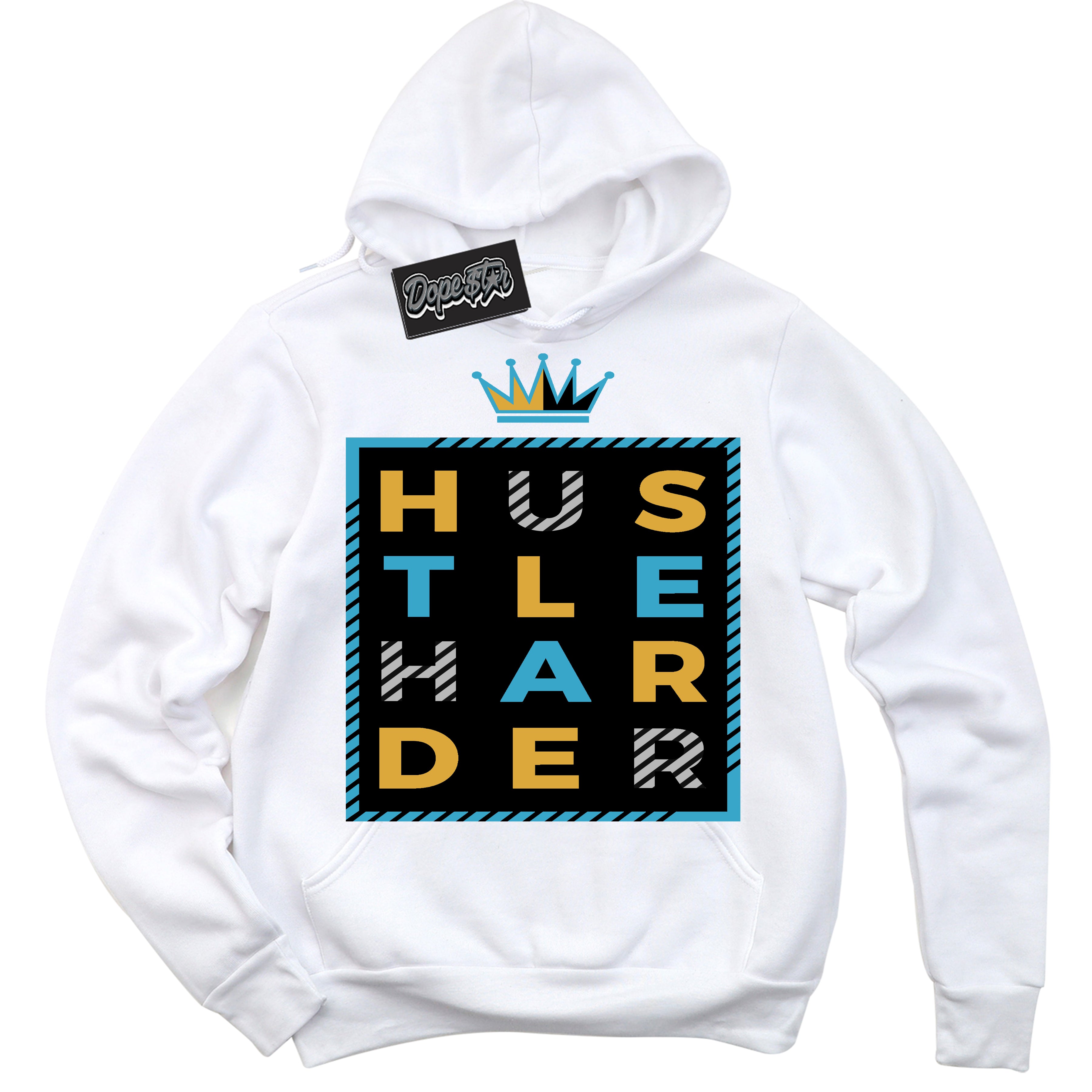 Cool White Hoodie with “ Hustle Harder ”  design that Perfectly Matches Aqua 5s Sneakers.