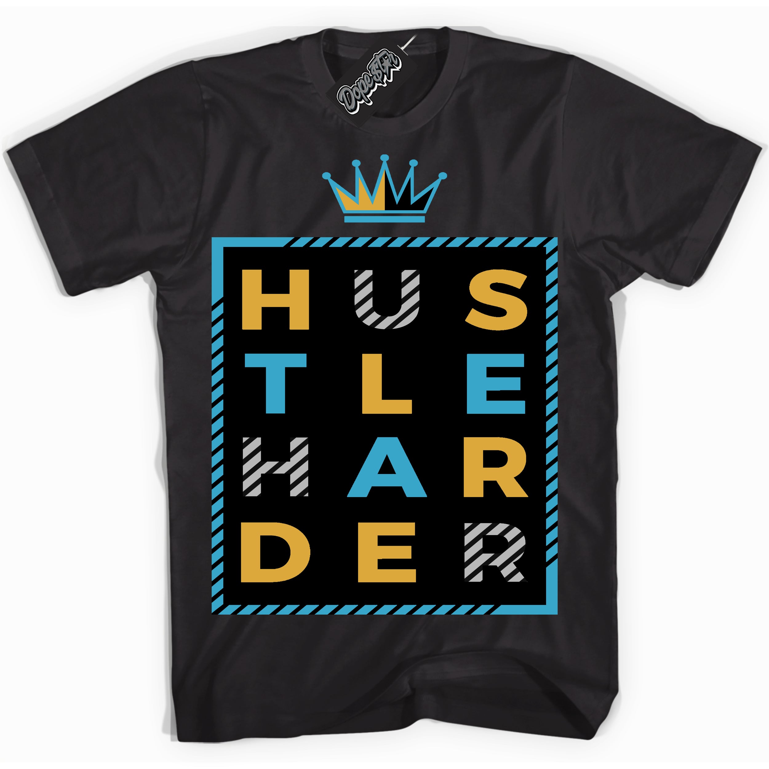 Cool Black Shirt with “ Hustle Harder” design that perfectly matches Aqua 5s Sneakers.