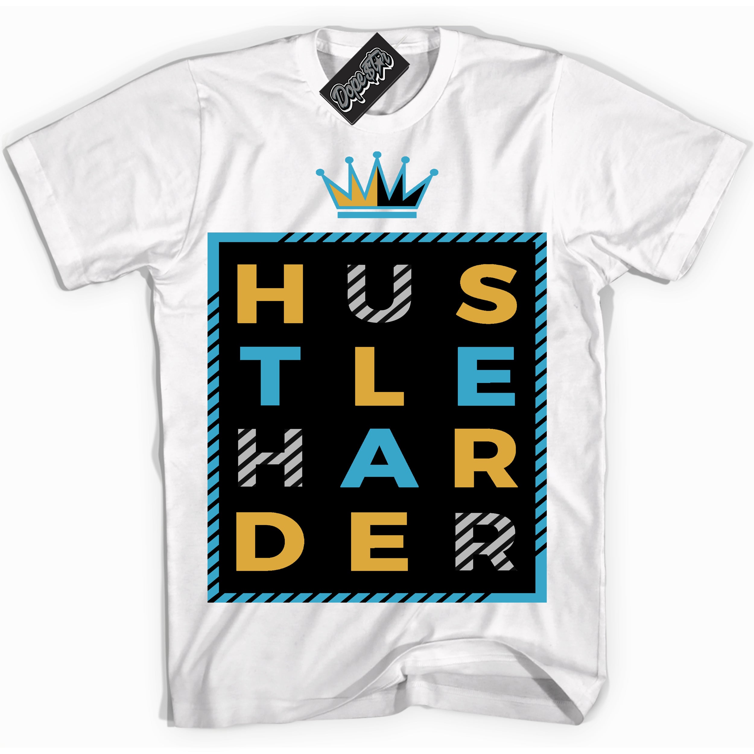 Cool White Shirt with “ Hustle Harder” design that perfectly matches Aqua 5s Sneakers.