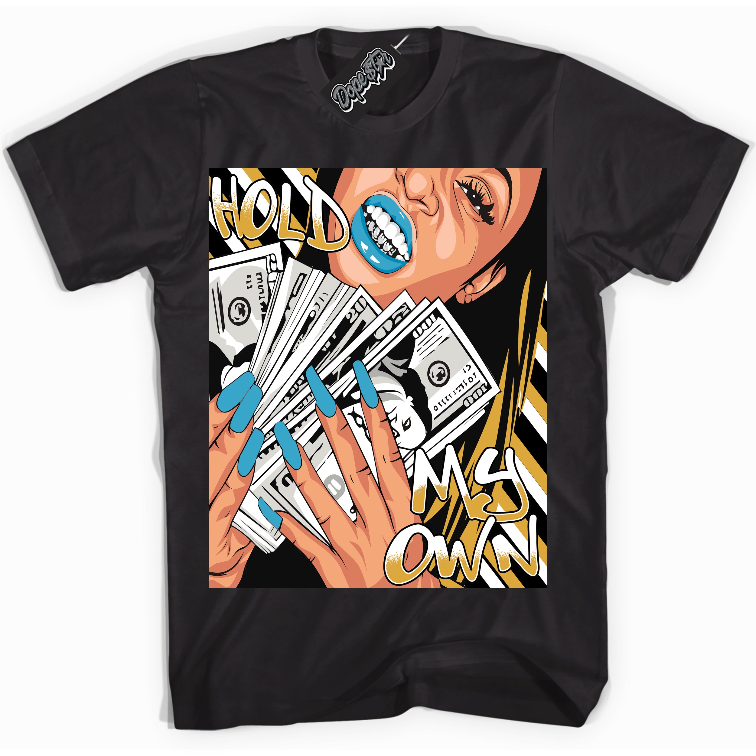 Cool Black Shirt with “ Hold My Own” design that perfectly matches Aqua 5s Sneakers.