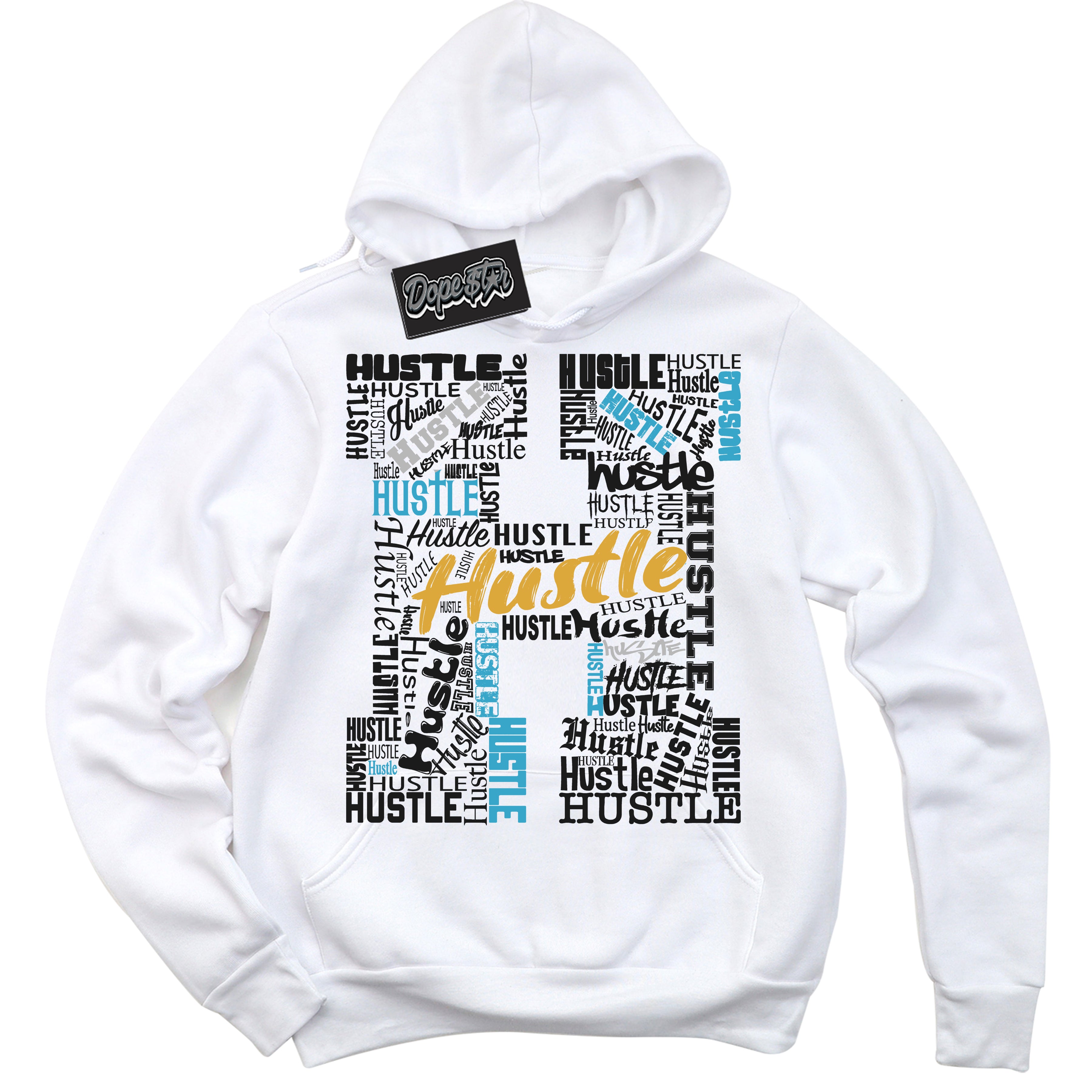 Cool White Graphic Hoodie with “ Hustle H“ print, that perfectly matches Air Jordan 5 AQUA  sneakers