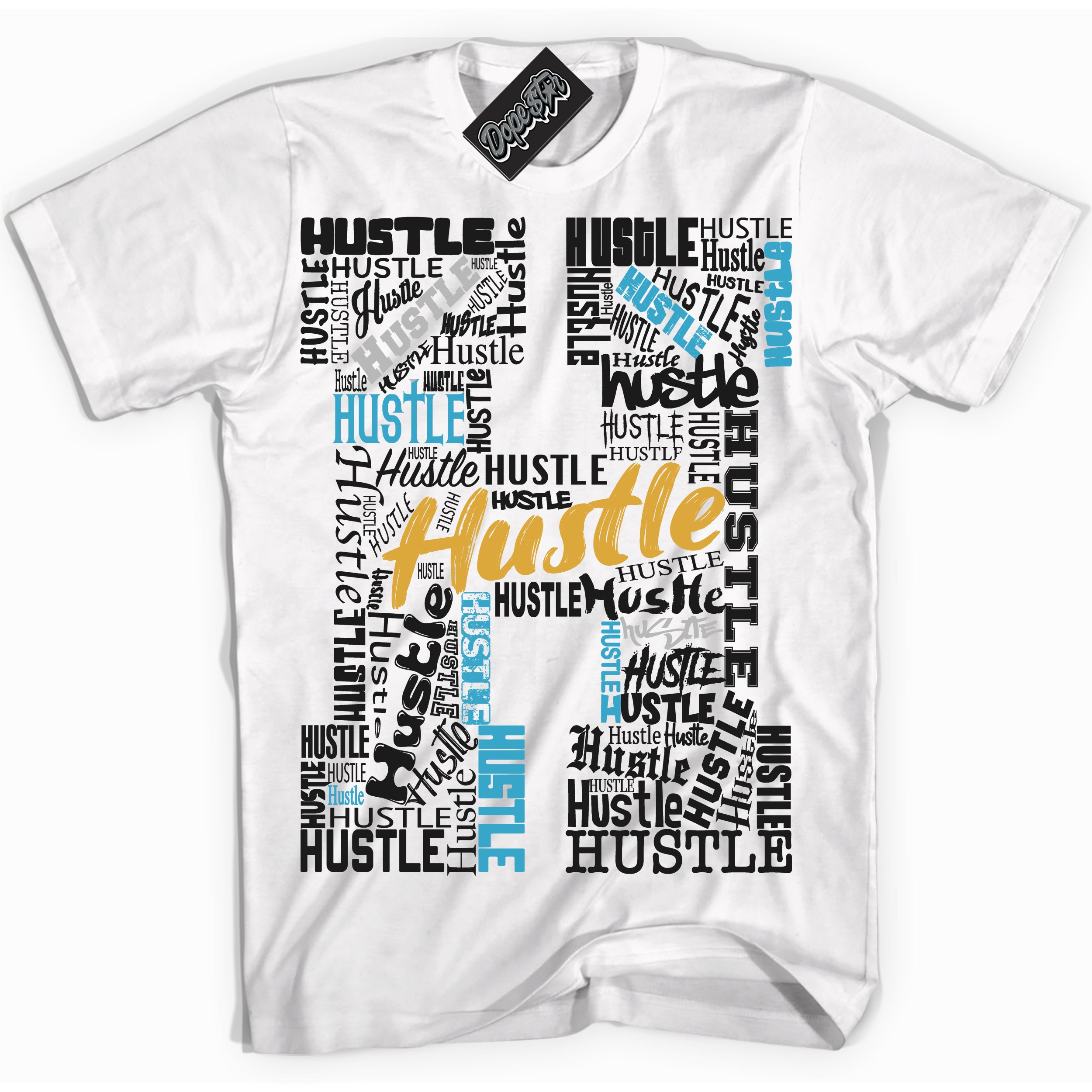 Cool White graphic tee with “ Hustle H ” print, that perfectly matches AQUA 5s sneakers