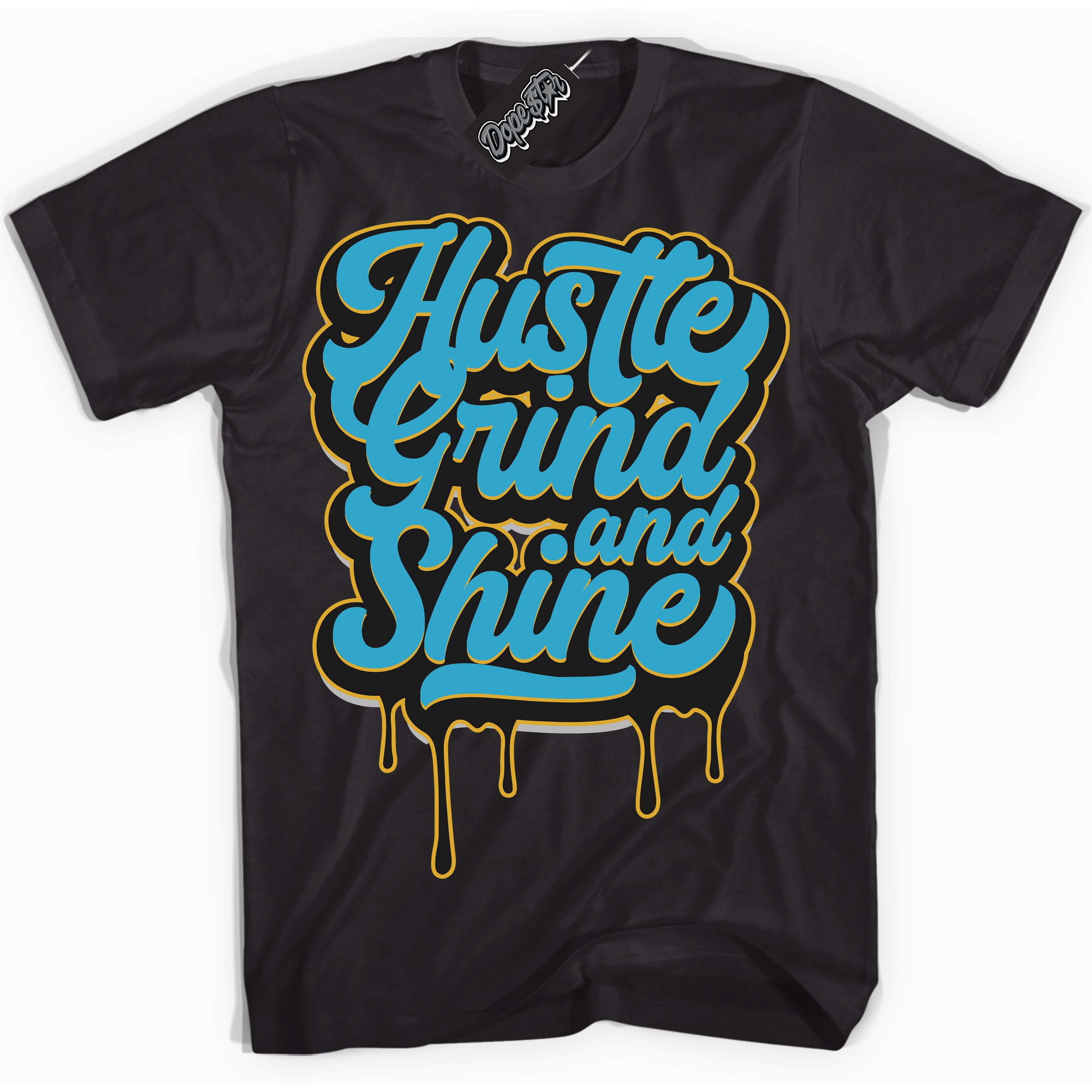 Cool Black Shirt with “ Hustle Grind And Shine” design that perfectly matches Aqua 5s Sneakers.