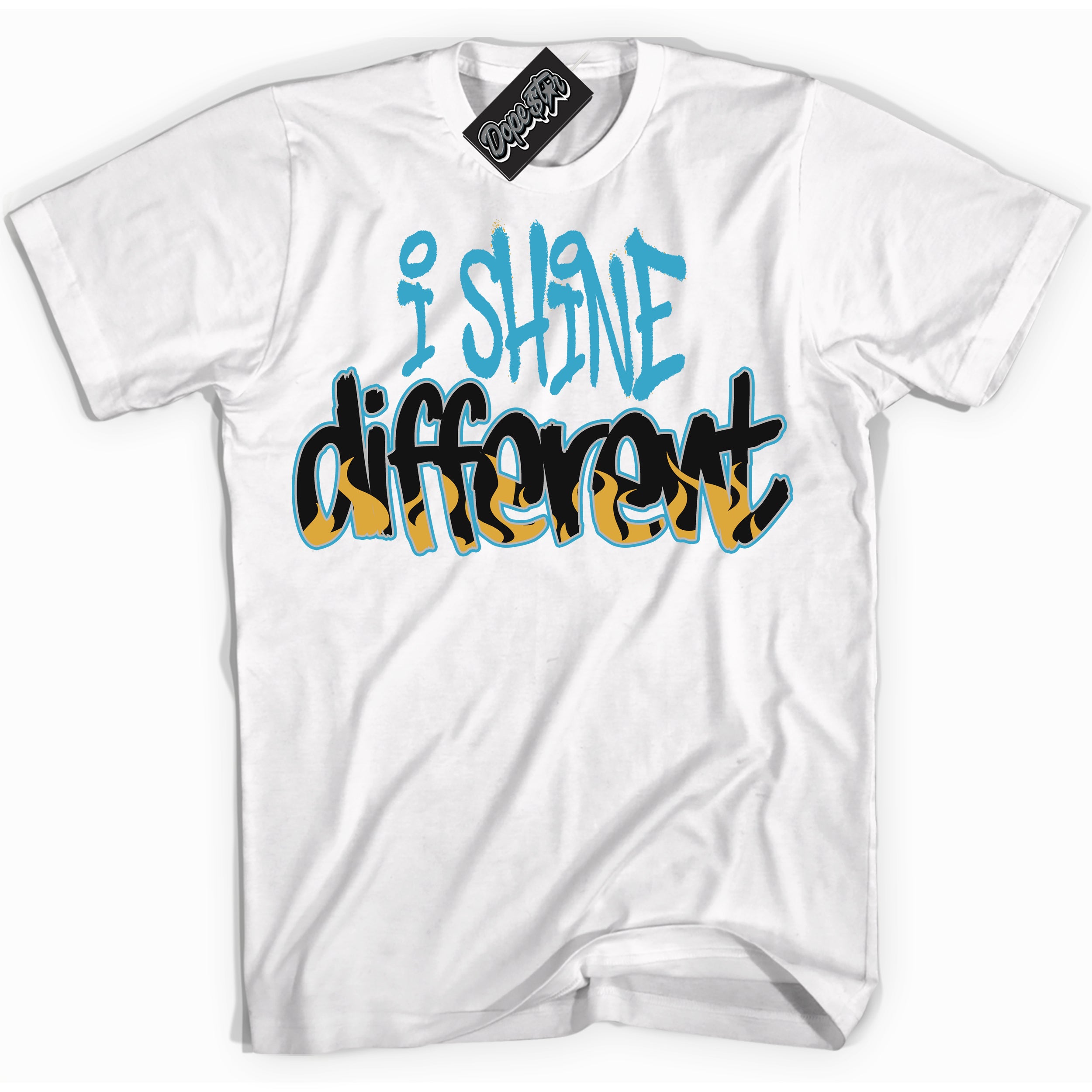 Cool White Shirt with “ I Shine Different” design that perfectly matches Aqua 5s Sneakers.