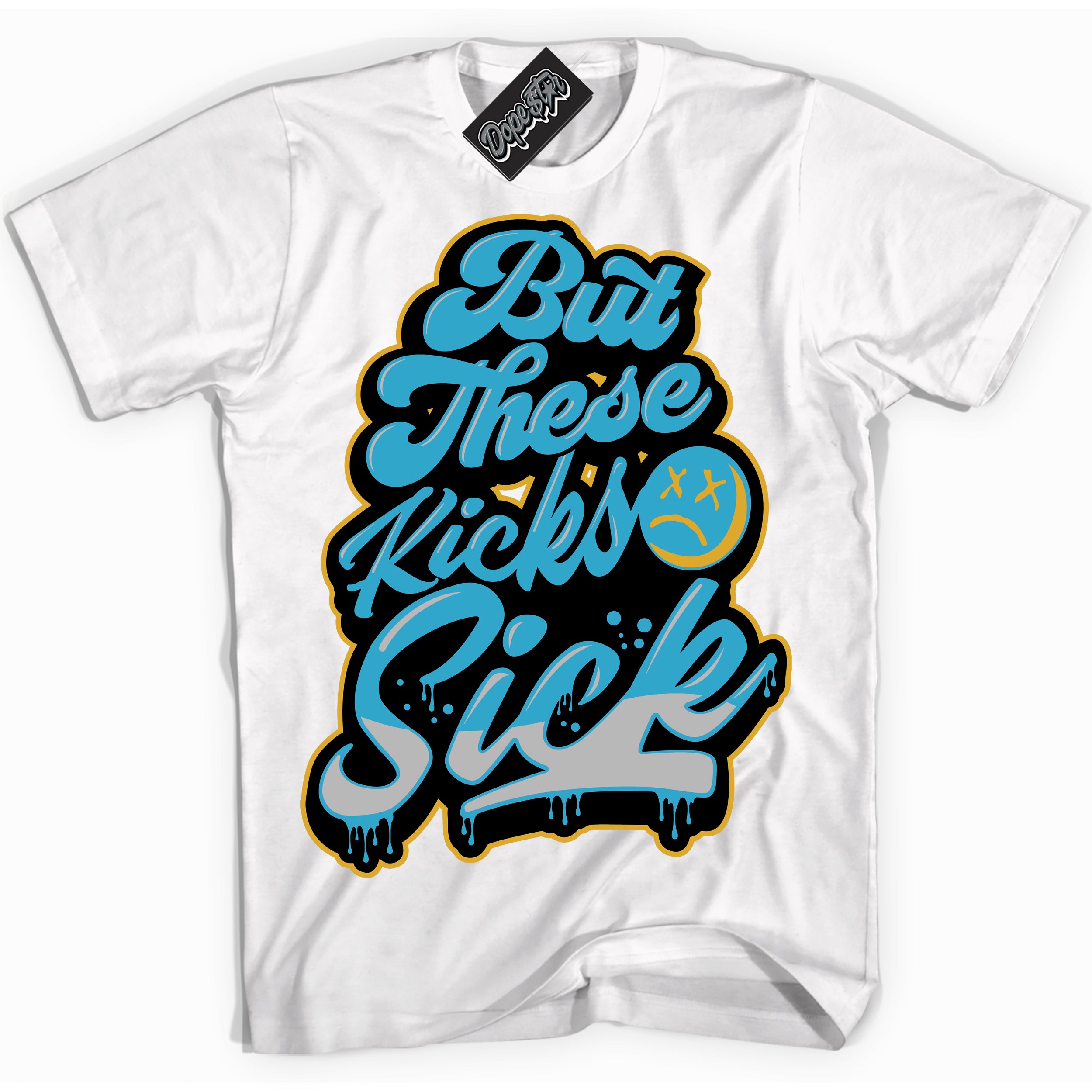Cool White Shirt with “ Kick Sick” design that perfectly matches Aqua 5s Sneakers.