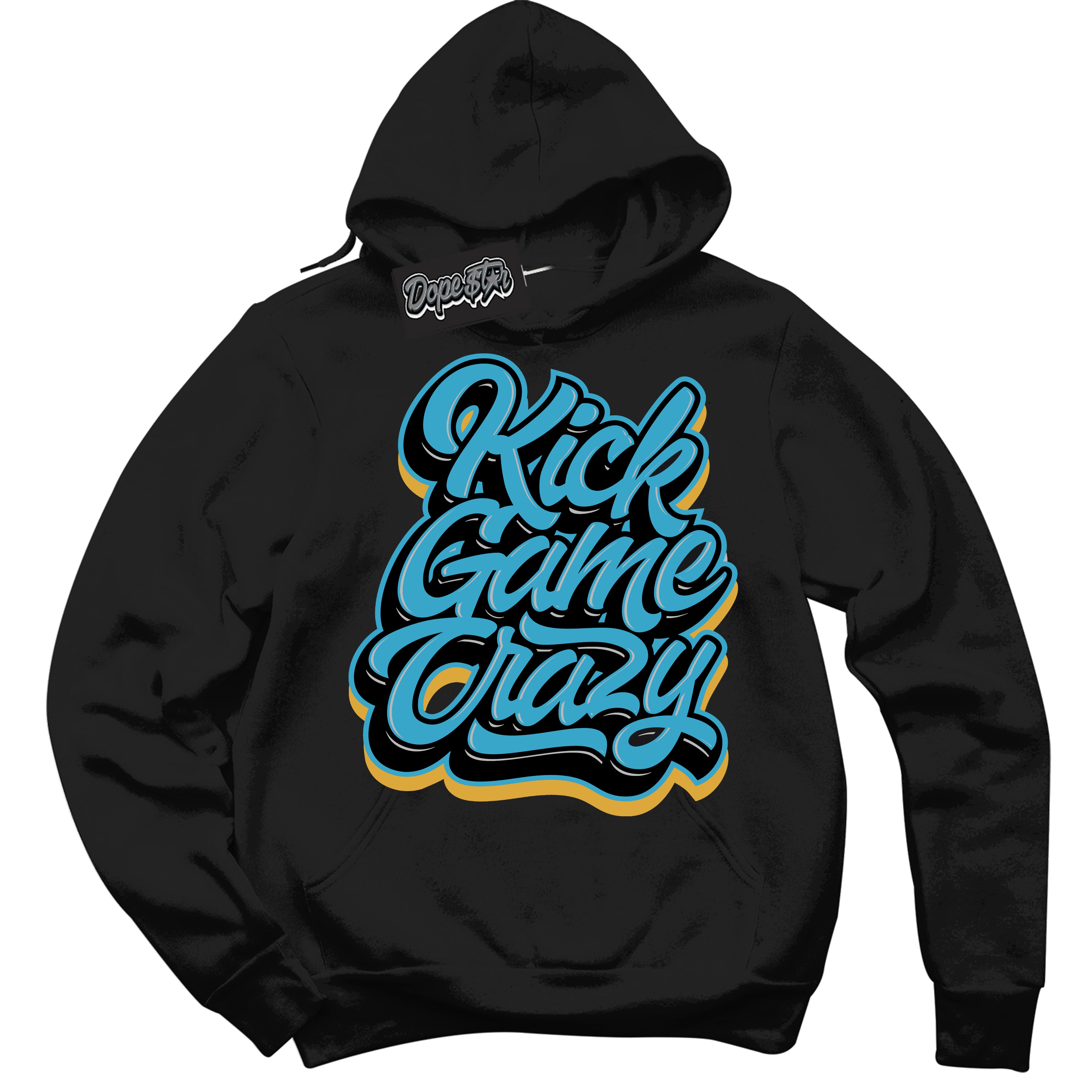 Cool Black Hoodie with “ Kick Game Crazy ”  design that Perfectly Matches Aqua 5s Sneakers.