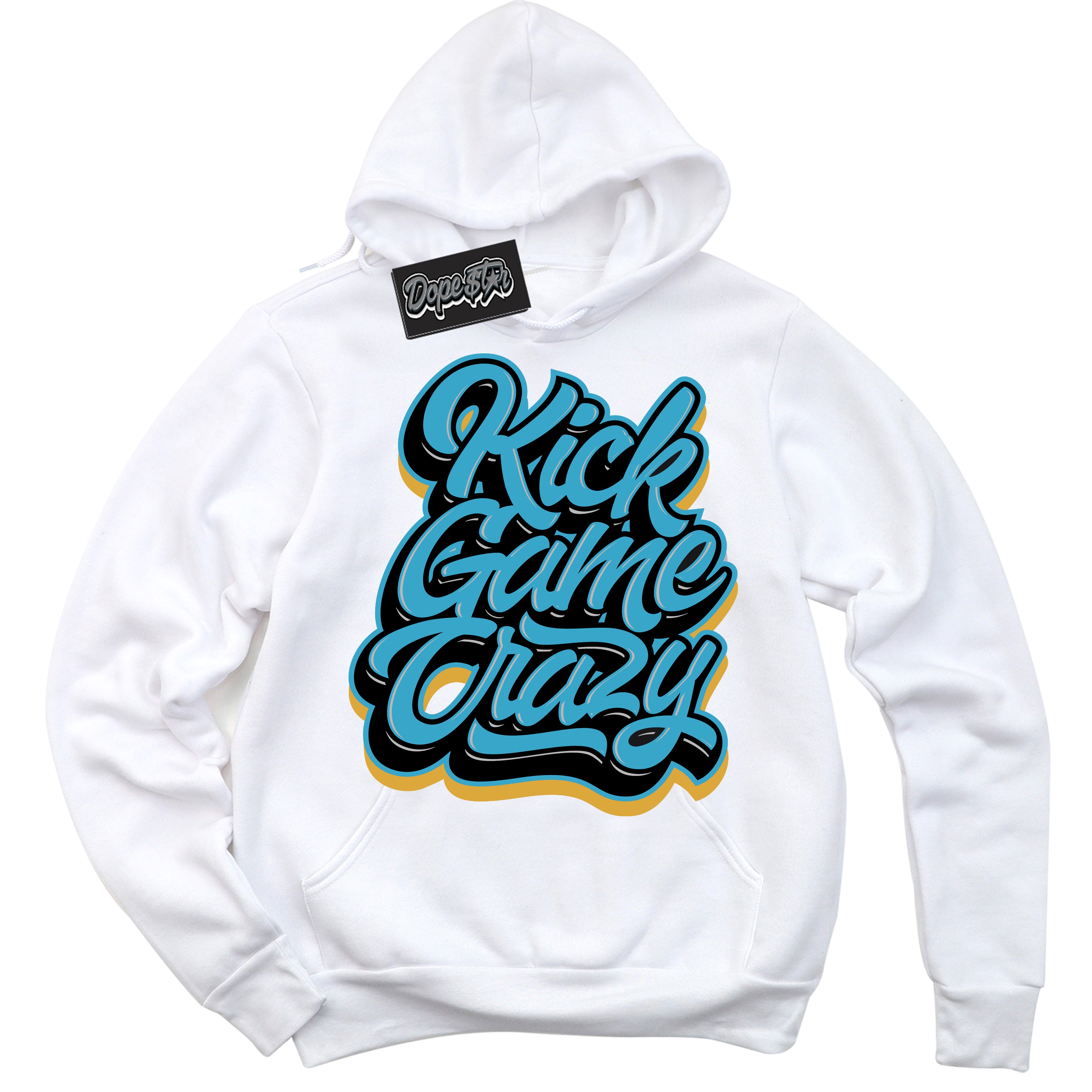 Cool White Hoodie with “ Kick Game Crazy ”  design that Perfectly Matches Aqua 5s Sneakers.