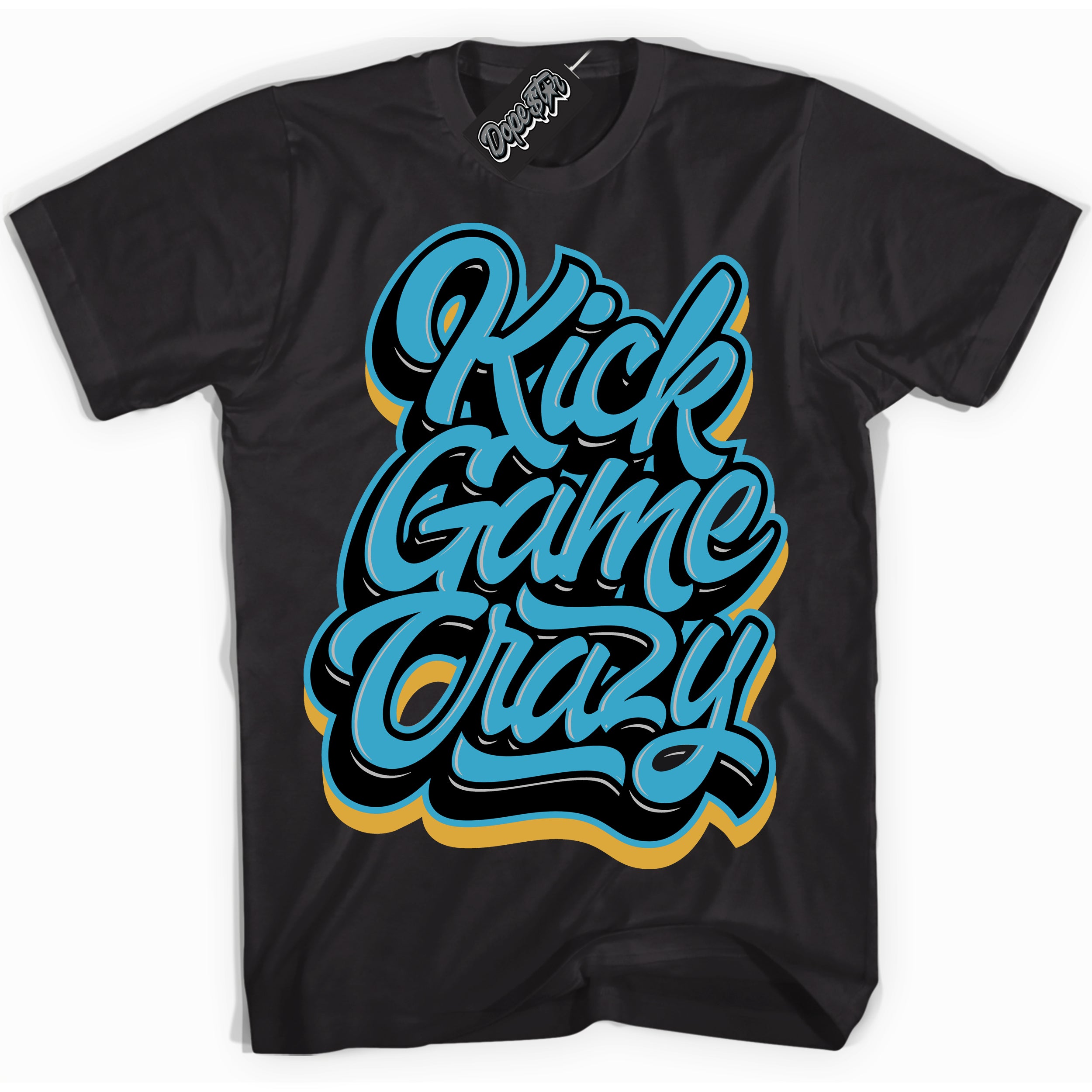 Cool Black Shirt with “ Kick Game Crazy” design that perfectly matches Aqua 5s Sneakers.