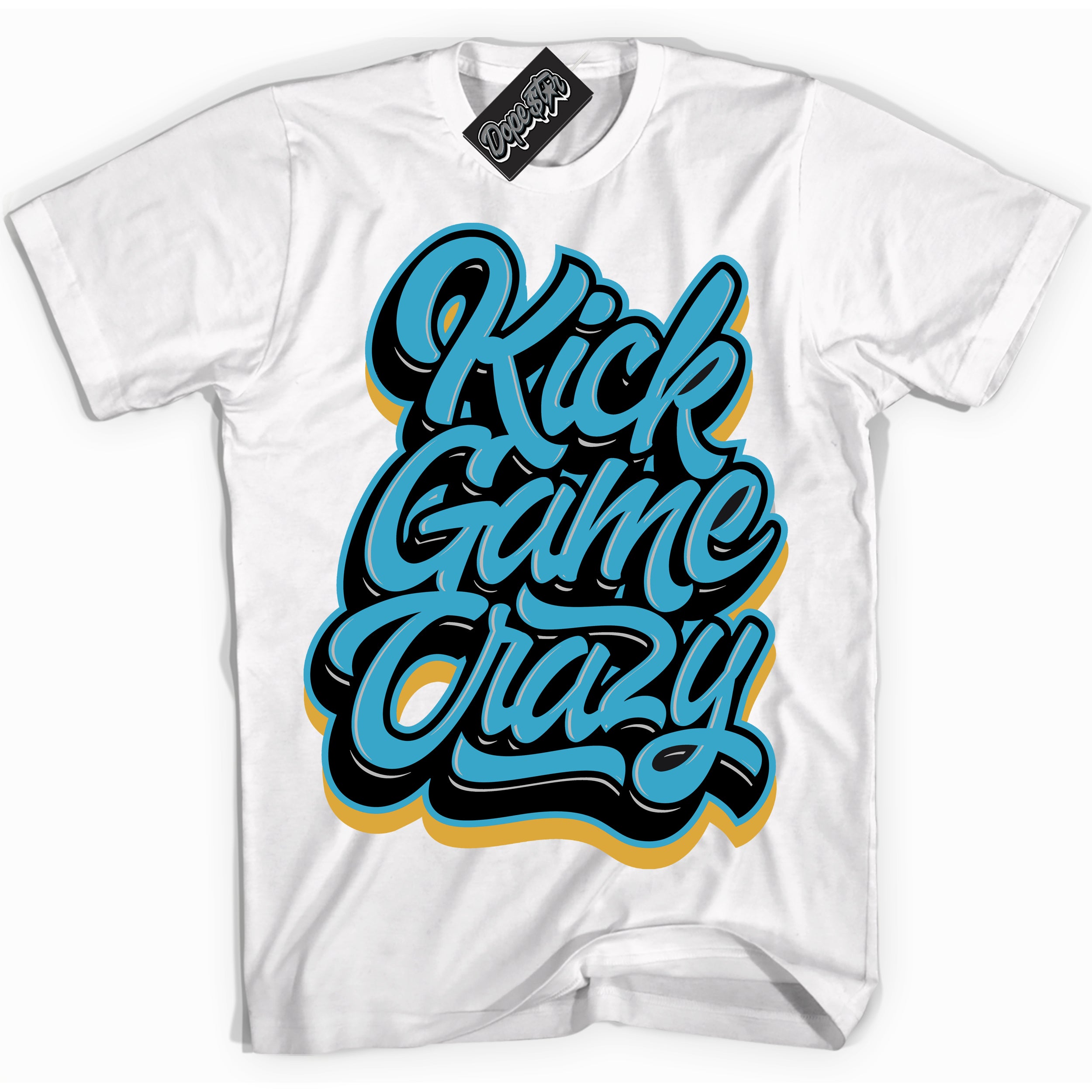 Cool White Shirt with “ Kick Game Crazy” design that perfectly matches Aqua 5s Sneakers.