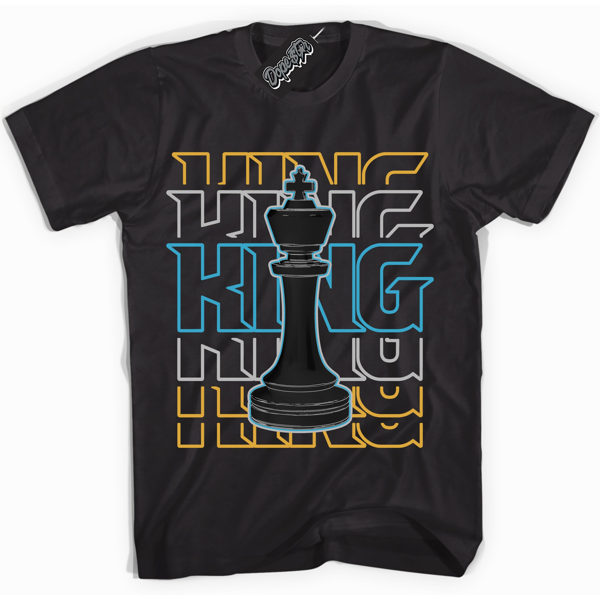 Cool Black Shirt with “ King Chess” design that perfectly matches Aqua 5s Sneakers.