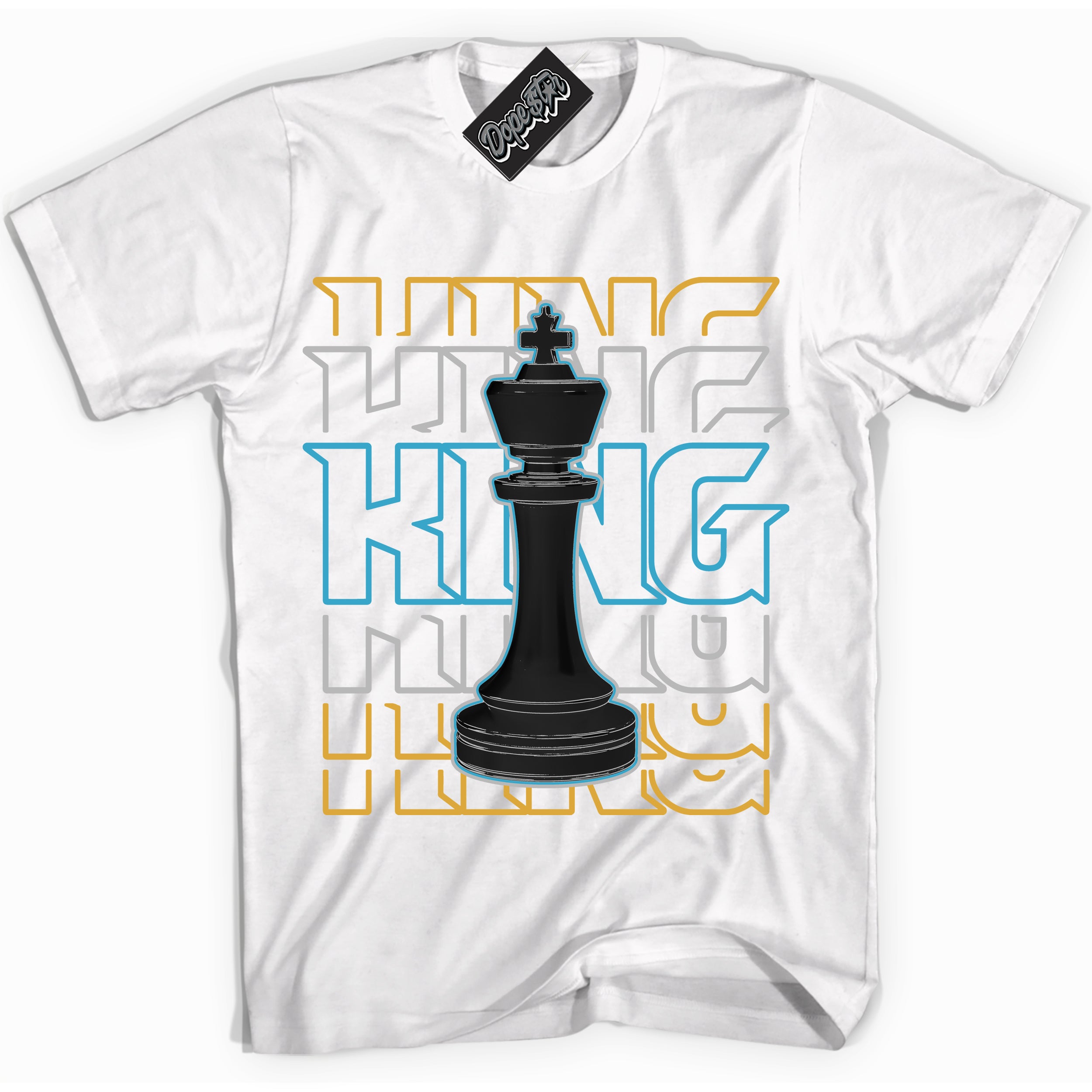 Cool White Shirt with “ King Chess” design that perfectly matches Aqua 5s Sneakers.