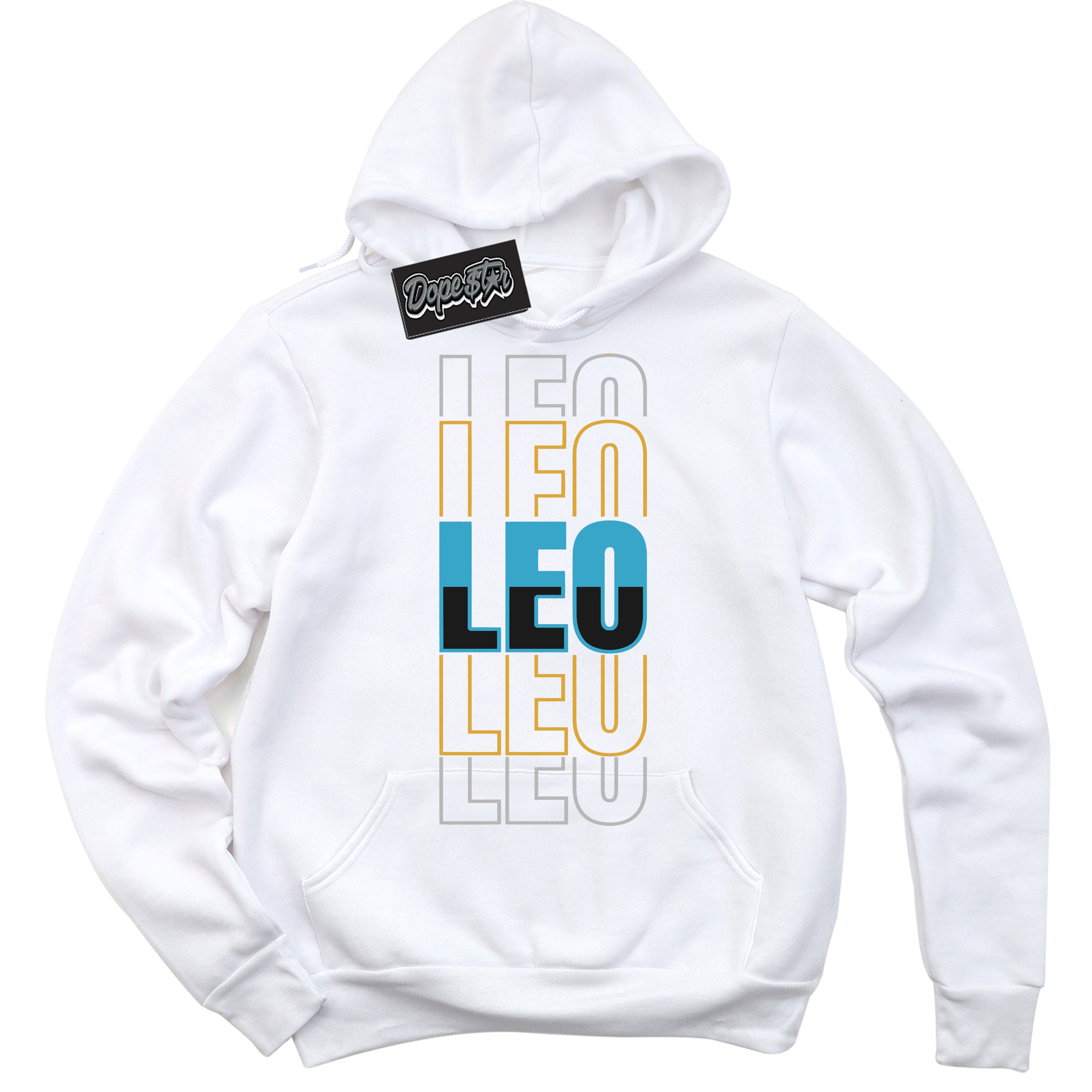 Cool White Hoodie with “ Leo ”  design that Perfectly Matches Aqua 5s Sneakers.