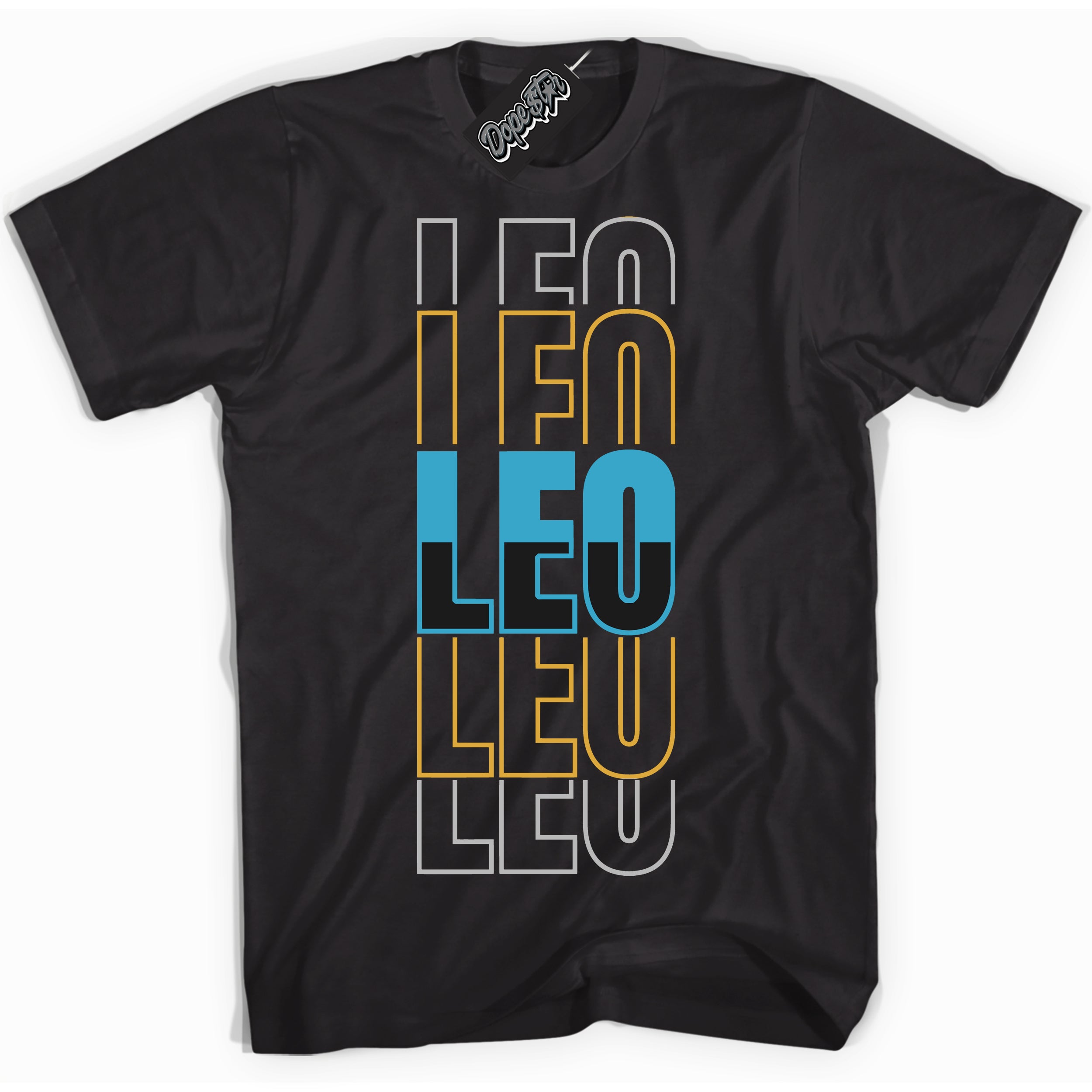 Cool Black Shirt with “ Leo” design that perfectly matches Aqua 5s Sneakers.