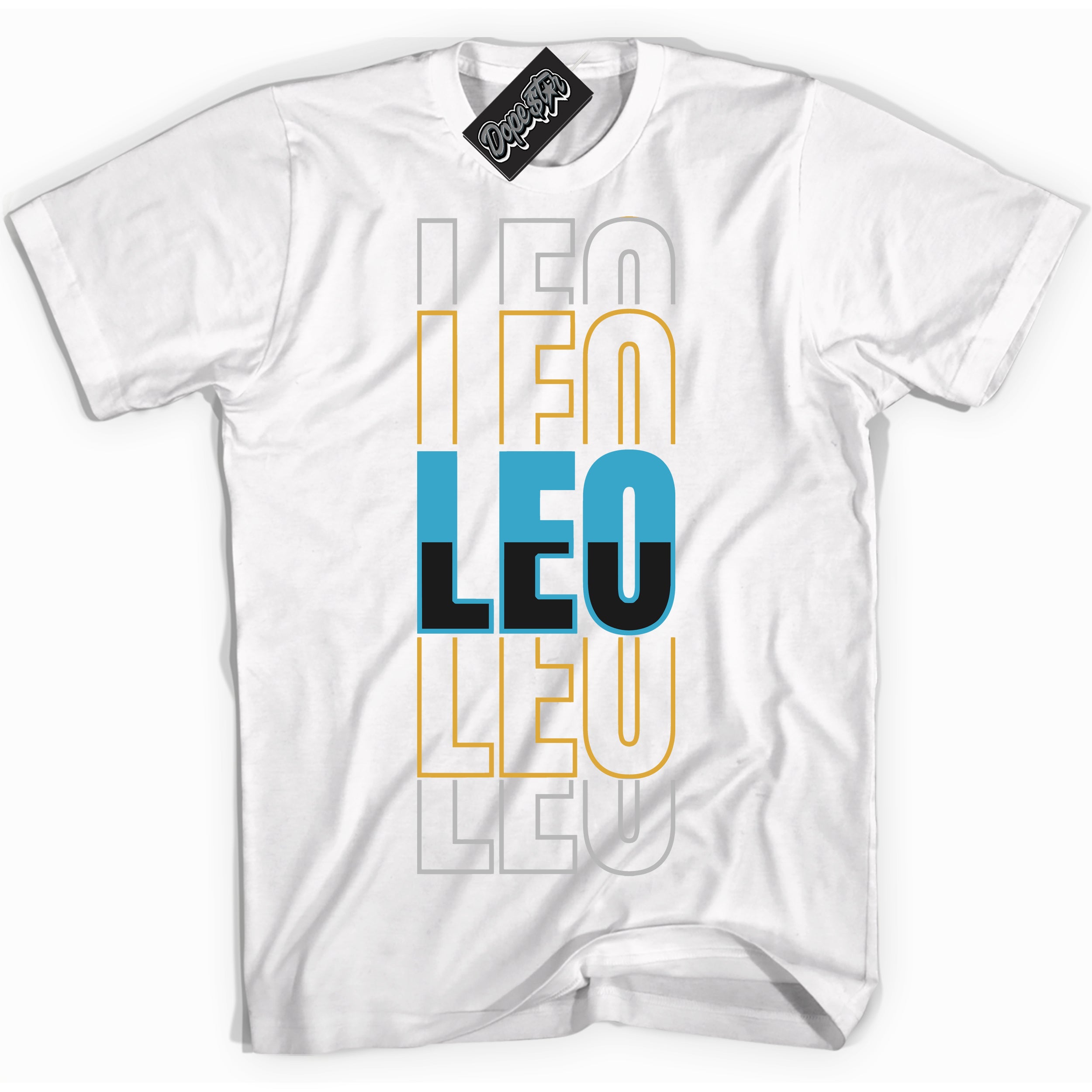 Cool White Shirt with “ Leo” design that perfectly matches Aqua 5s Sneakers.