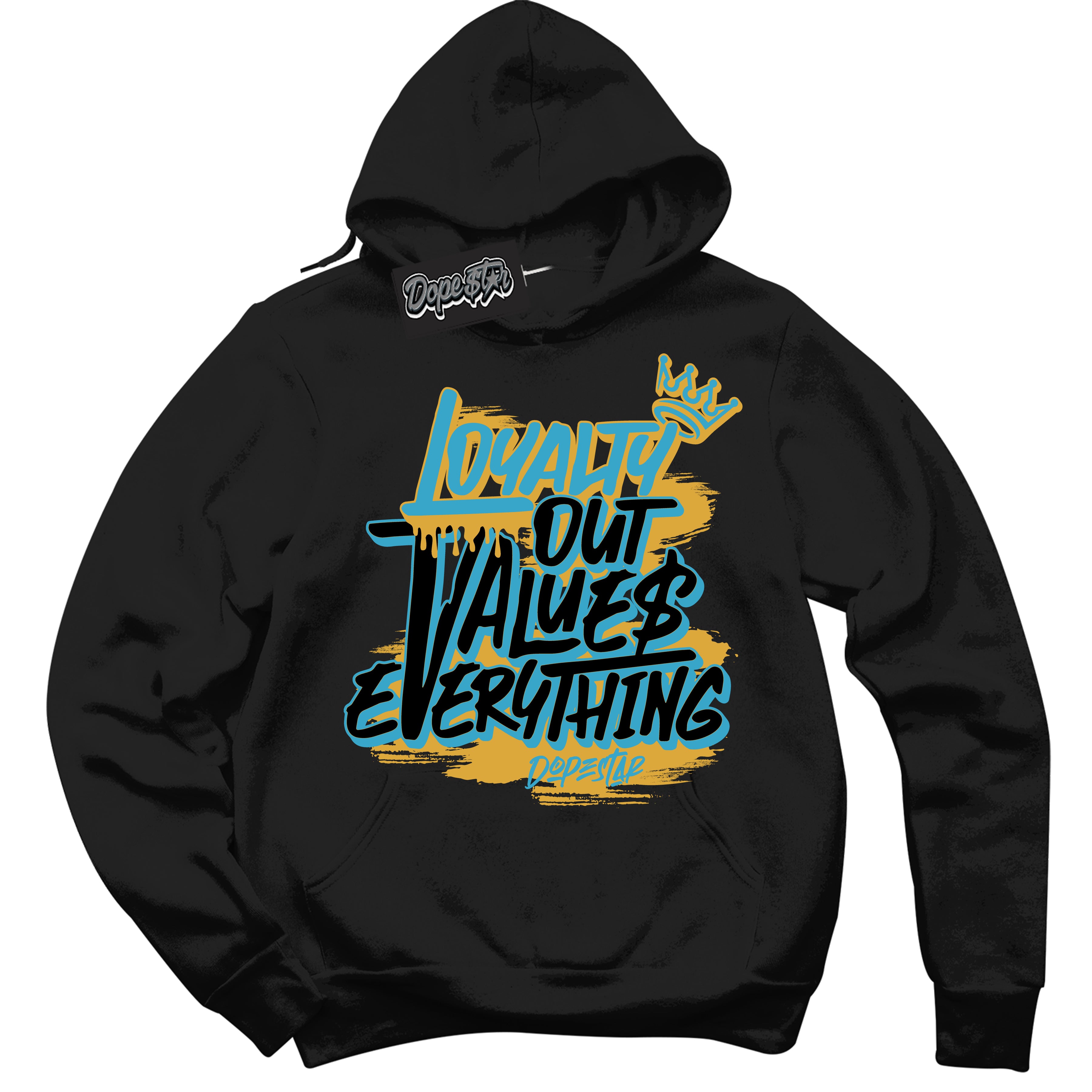 Cool Black Hoodie with “ Loyalty Out Values Everything ”  design that Perfectly Matches  Aqua 5s Sneakers.