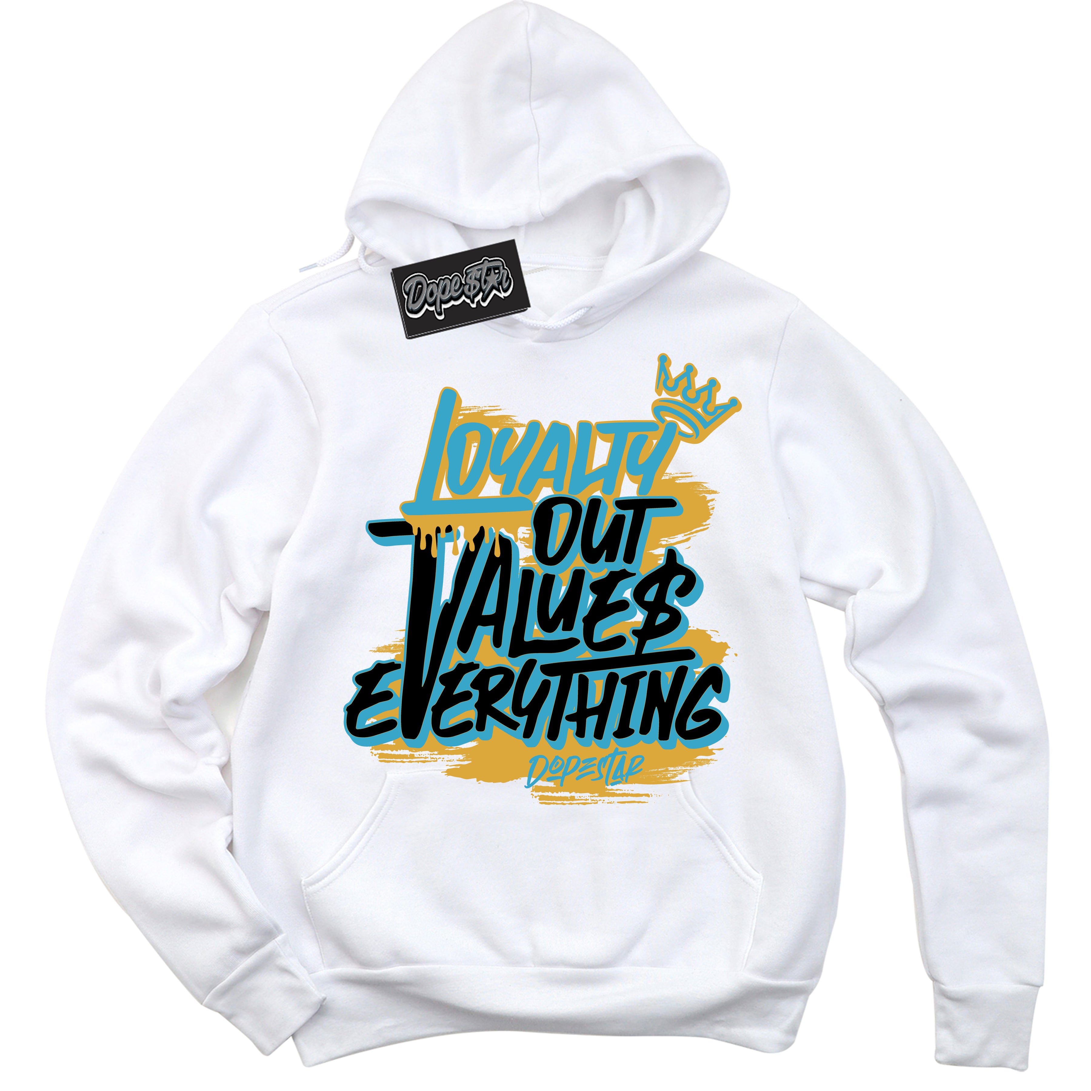 Cool White Hoodie with “ Loyalty Out Values Everything ”  design that Perfectly Matches Aqua 5s Sneakers.