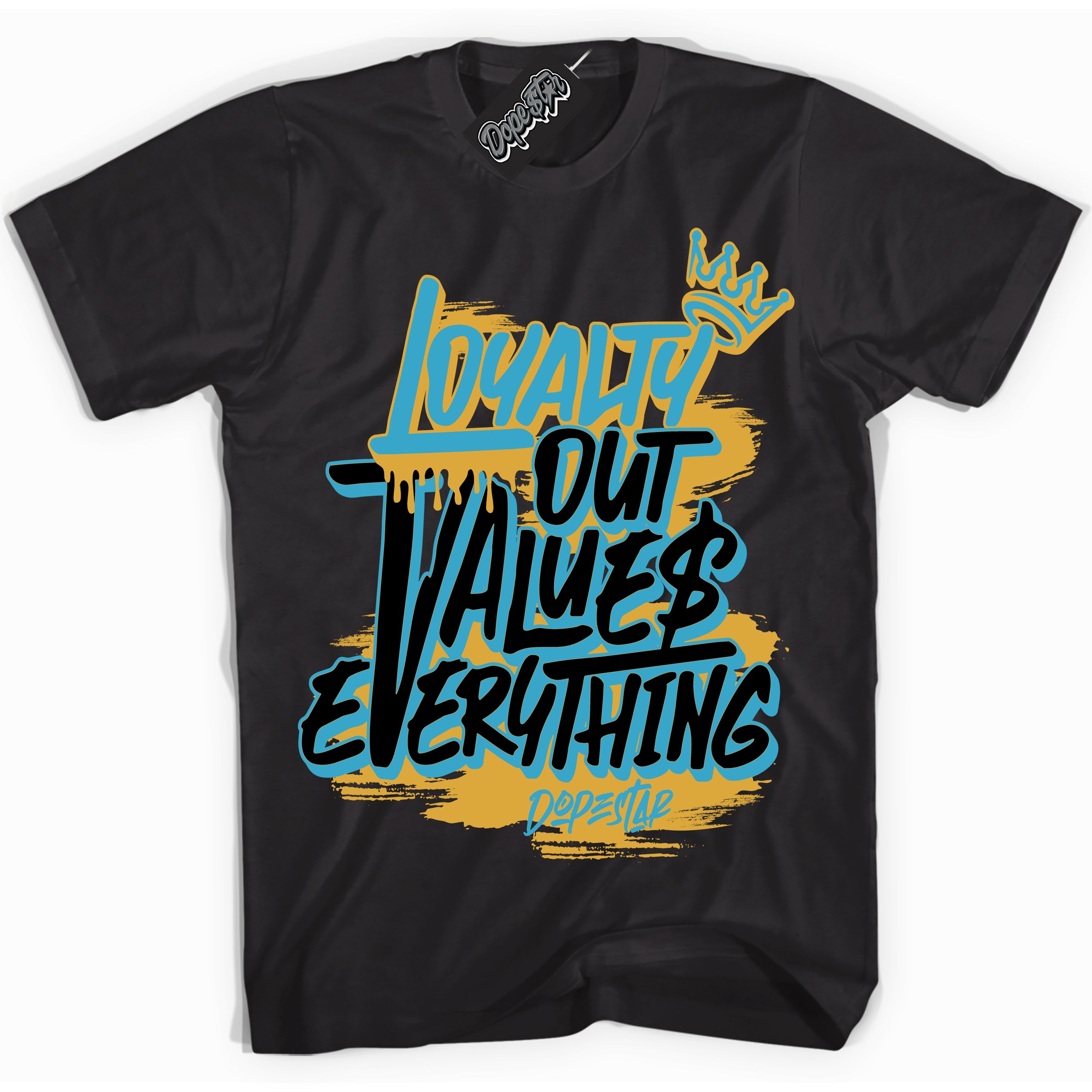 Cool Black Shirt with “ Loyalty Out Values Everything” design that perfectly matches Aqua 5s Sneakers.